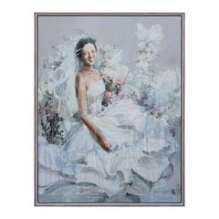 Blooming Joy Großes abstraktes pastellfarbenes Blumenporträt einer Braut in weißem Kleid