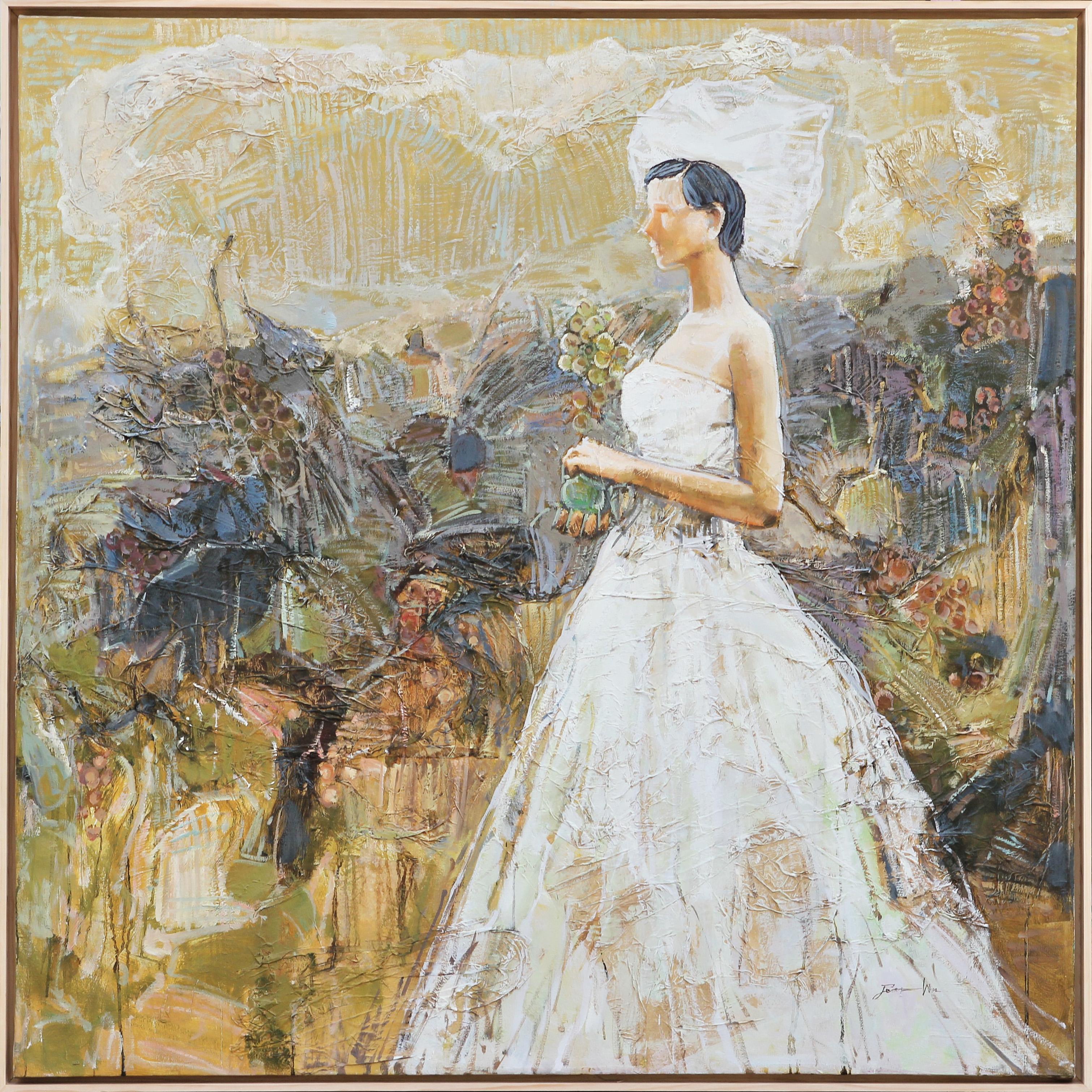 Peter Wu Figurative Painting - "Fruit of Life" Large Abstract Earth Toned Portrait of a Bride in a White Dress