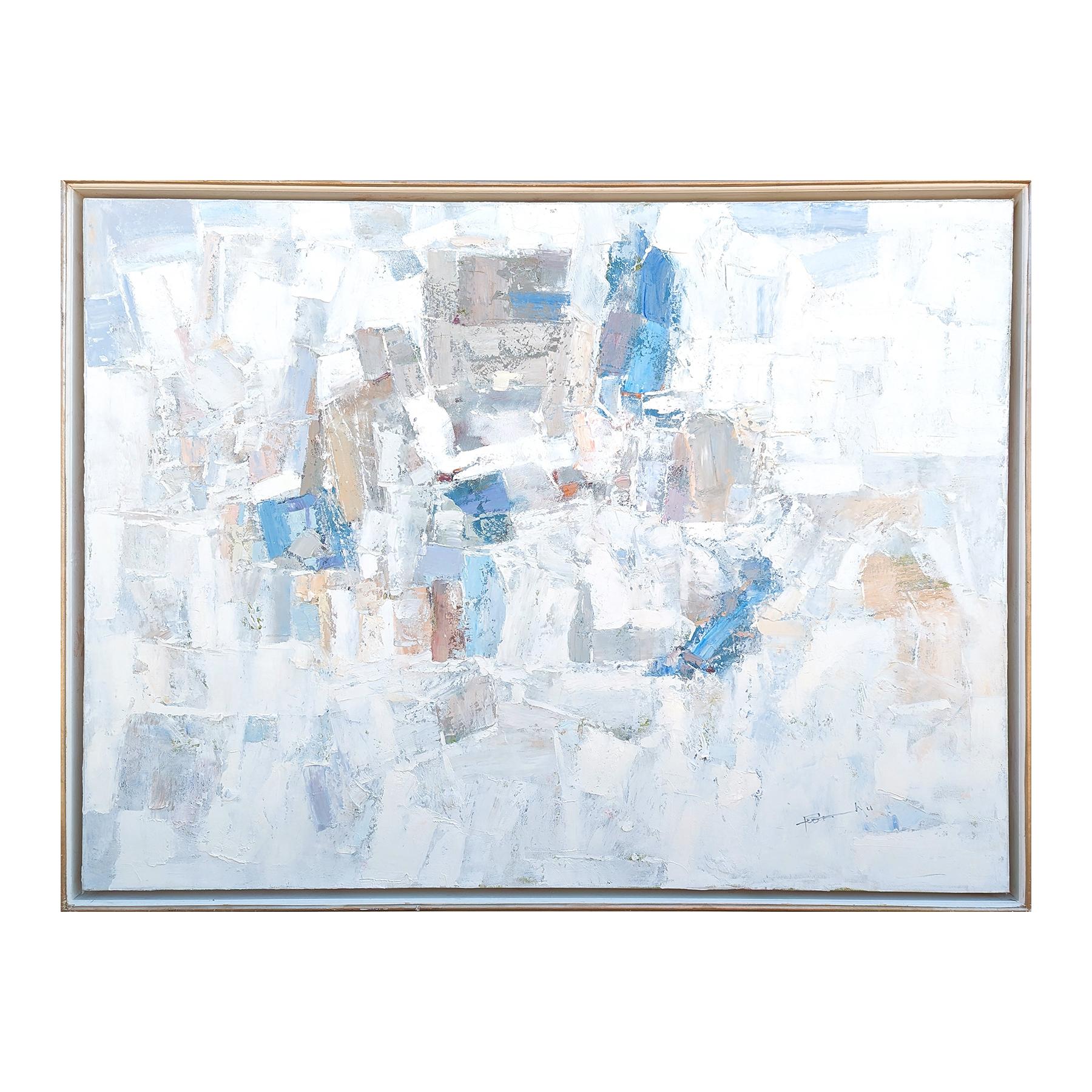 Pastel toned abstract painting by Texas-based artist Peter Wu. The work features light blue and peach toned gestural strokes against a white background. Signed in the front lower right corner as well as titled, signed, and dated by artist on the