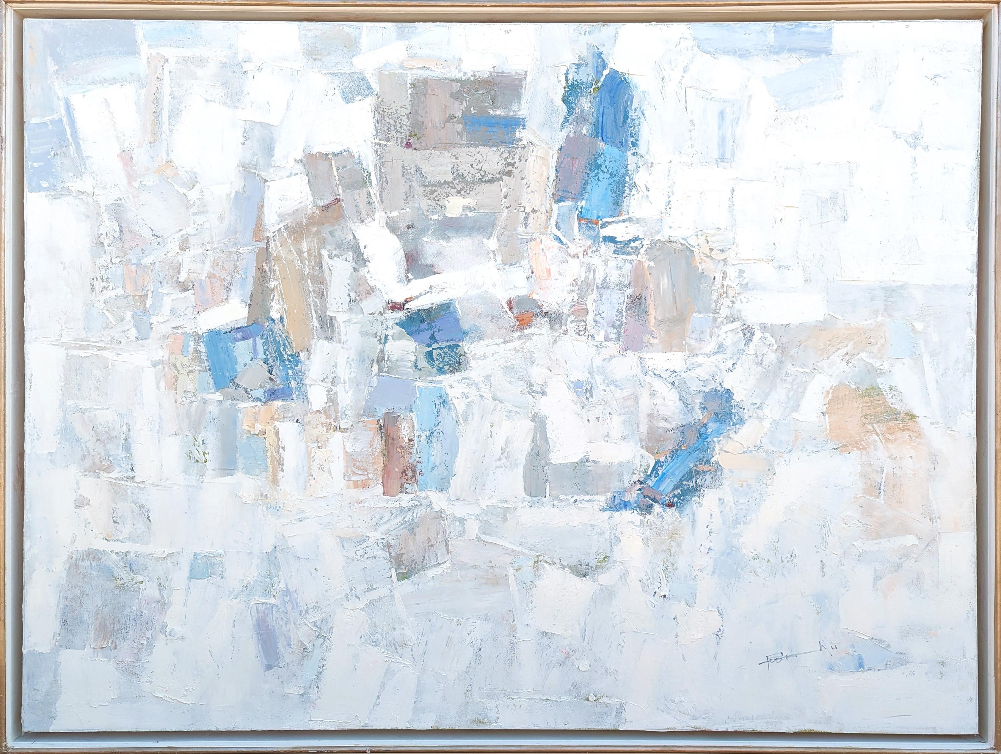Pastel toned abstract painting by Texas-based artist Peter Wu. The work features light blue and peach toned gestural strokes against a white background. Signed in the front lower right corner as well as titled, signed, and dated by artist on the