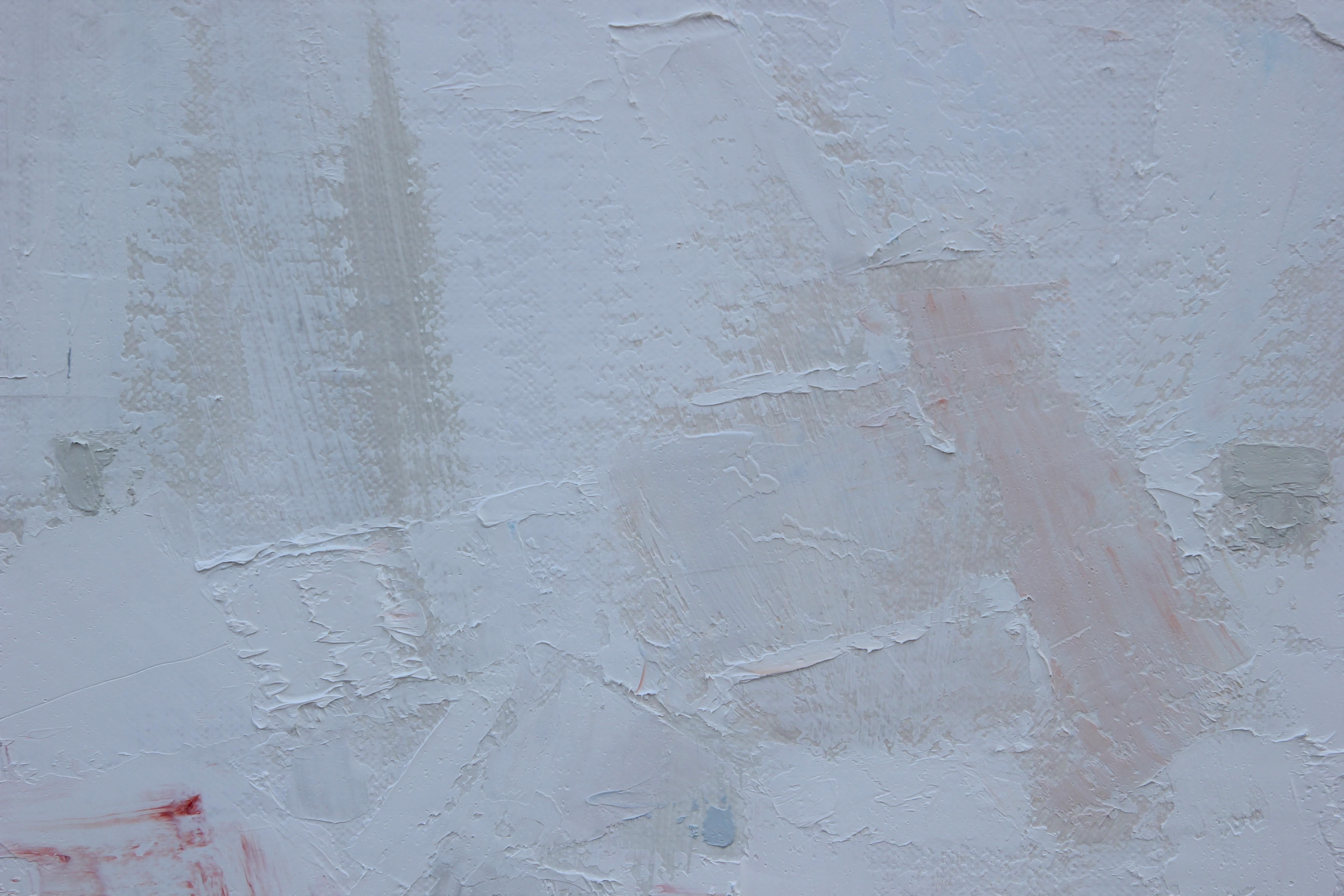 Large abstract pastel toned color block painting that incorporates blue, white, and peach tones. Signed, titled, and dated by the artist on the front and back of the canvas. Currently displayed floating in a neutral white and gold frame.

Dimensions