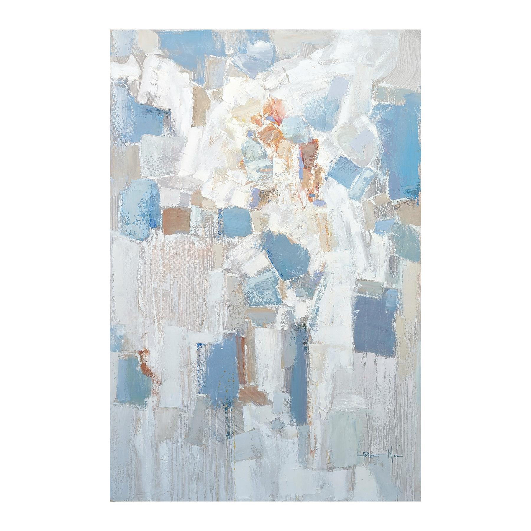 « Prière lumineuse » - Grande peinture abstraite contemporaine aux tons pastel - Painting de Peter Wu