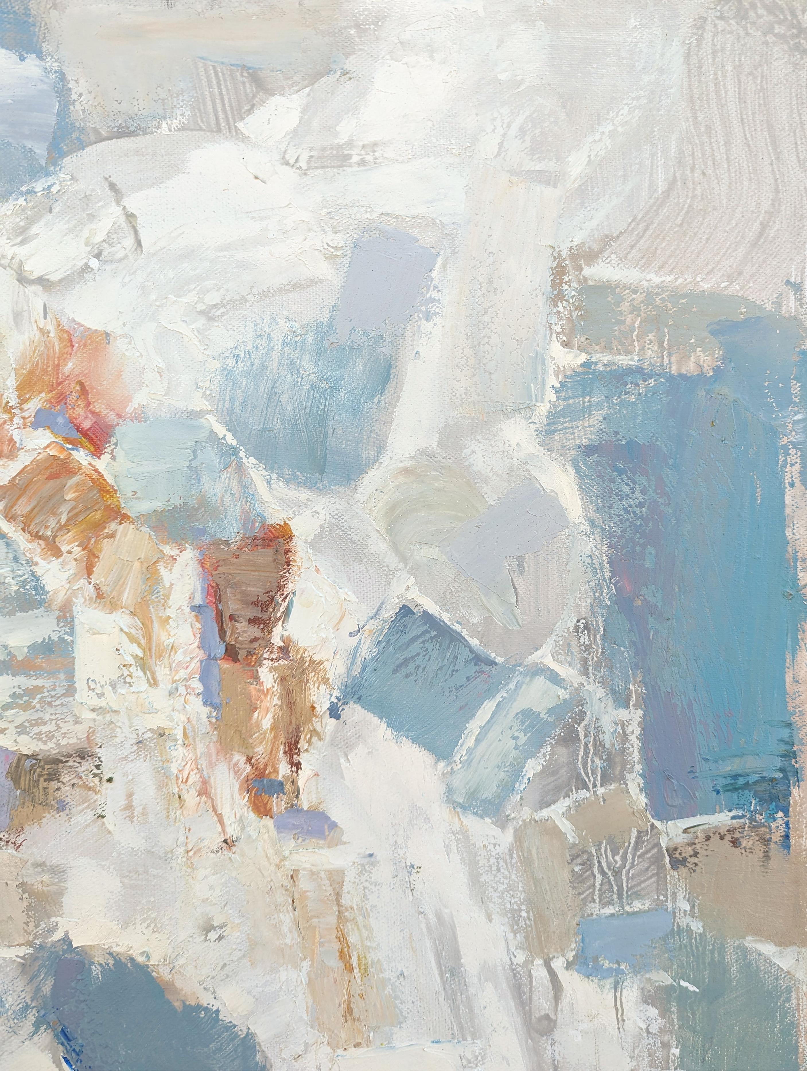 Peinture abstraite aux tons pastel de l'artiste texan Peter Wu. L'œuvre présente des traits gestuels aux tons bleu clair et pêche sur un fond blanc. Signé dans le coin inférieur droit au recto ainsi que titré, signé et daté par l'artiste au verso.