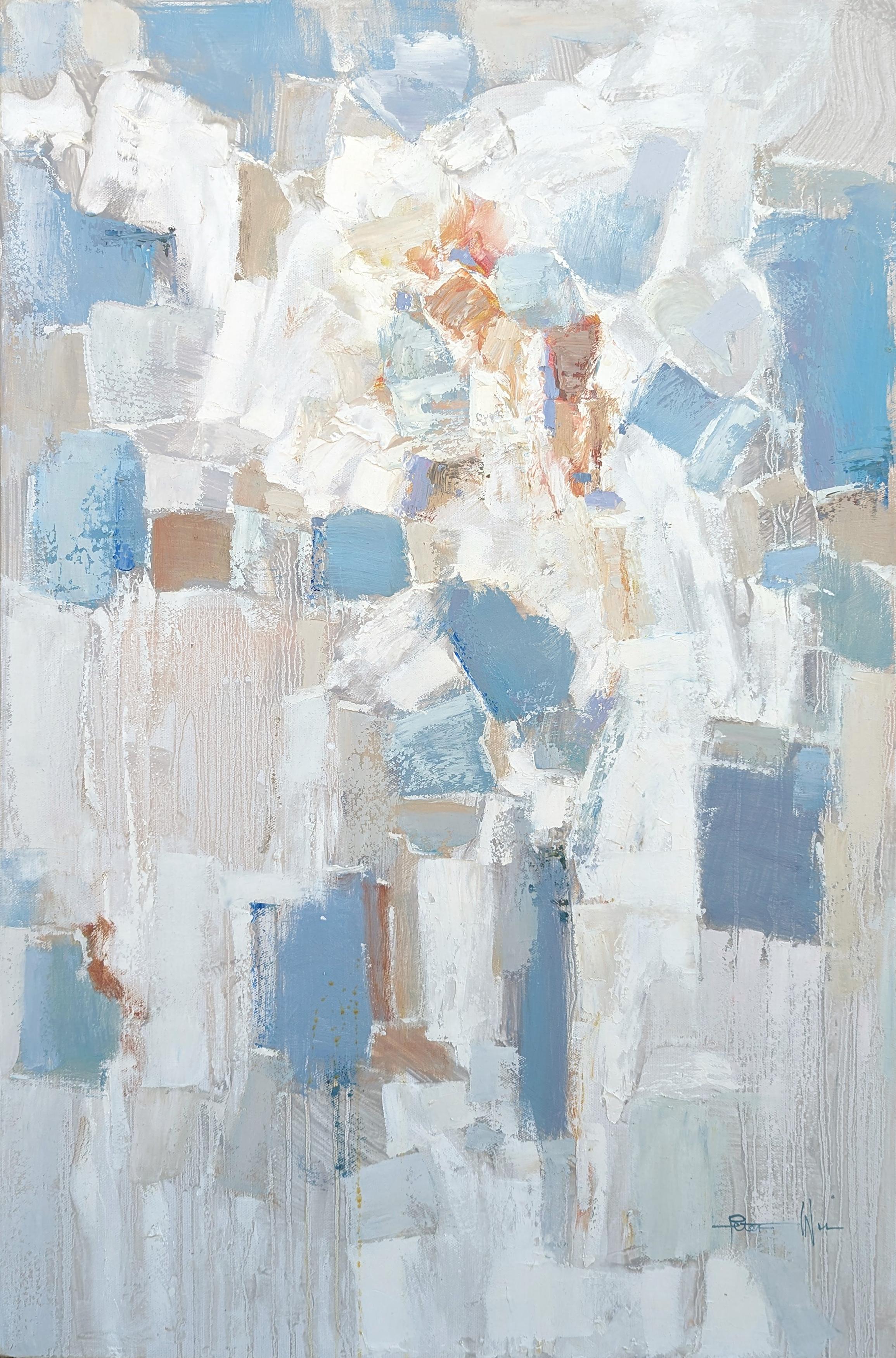 Abstract Painting Peter Wu - « Prière lumineuse » - Grande peinture abstraite contemporaine aux tons pastel