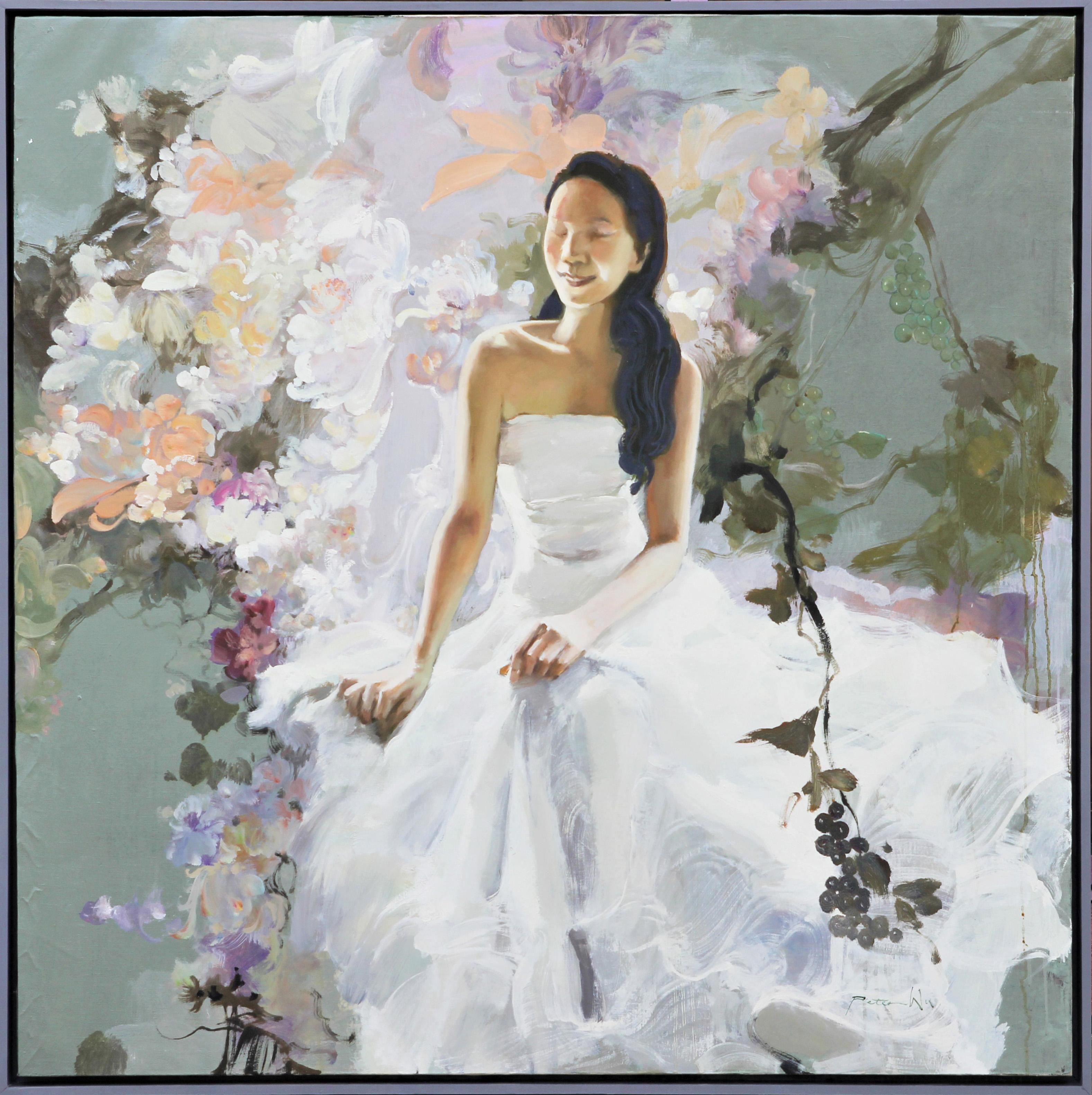 Peter Wu Figurative Painting - "Listening" Large Abstract Pastel Floral Portrait of A Woman in a White Dress