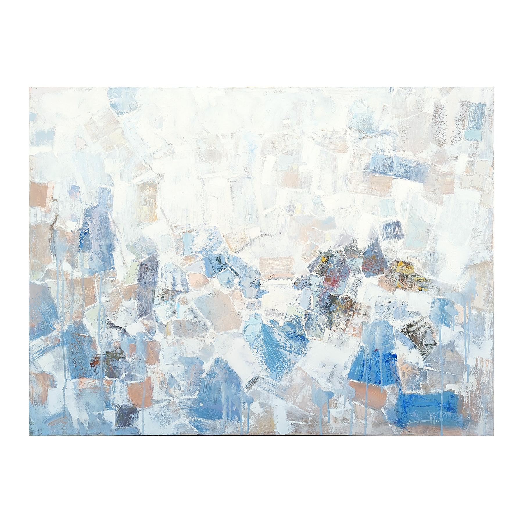 Pastel toned abstract painting by Texas-based artist Peter Wu. The work features light blue and peach toned gestural strokes against a white background. Signed in the front lower right corner as well as titled, signed, and dated by artist on the