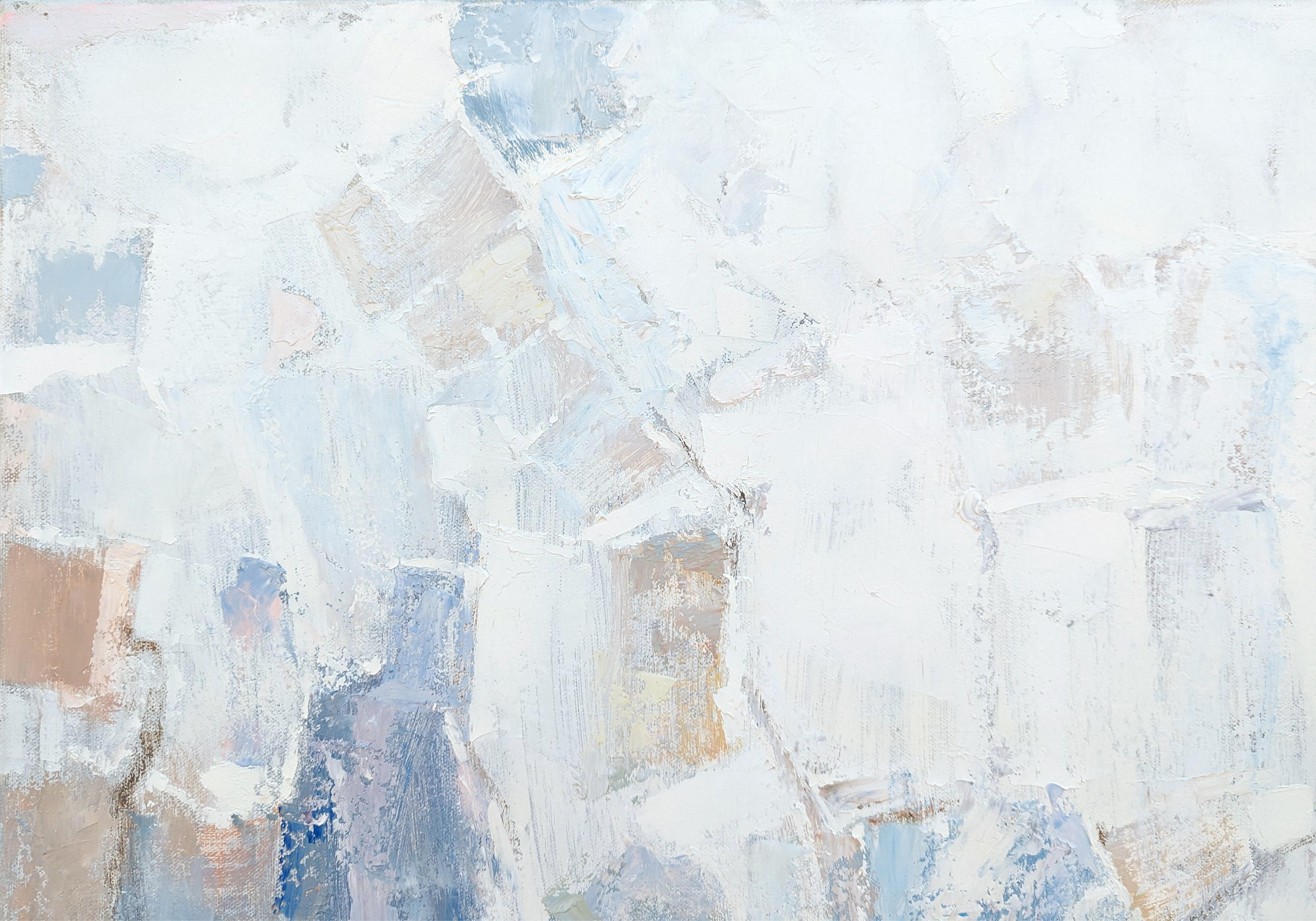 « Prayer on the Mount », grande peinture abstraite contemporaine aux tons pastel - Contemporain Painting par Peter Wu