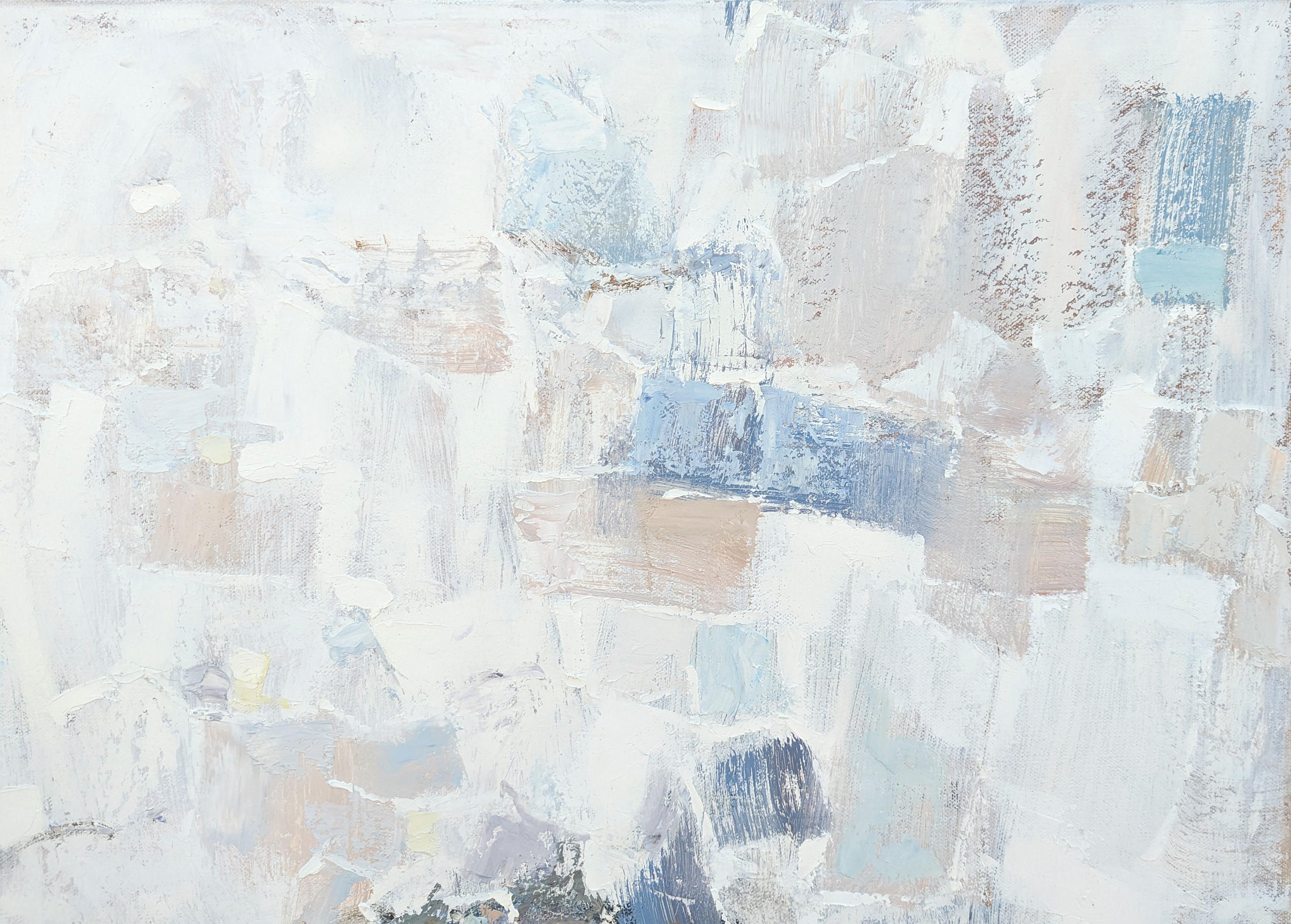 Pastel toned abstract painting by Texas-based artist Peter Wu. The work features light blue and peach toned gestural strokes against a white background. Signed in the front lower right corner as well as titled, signed, and dated by artist on the