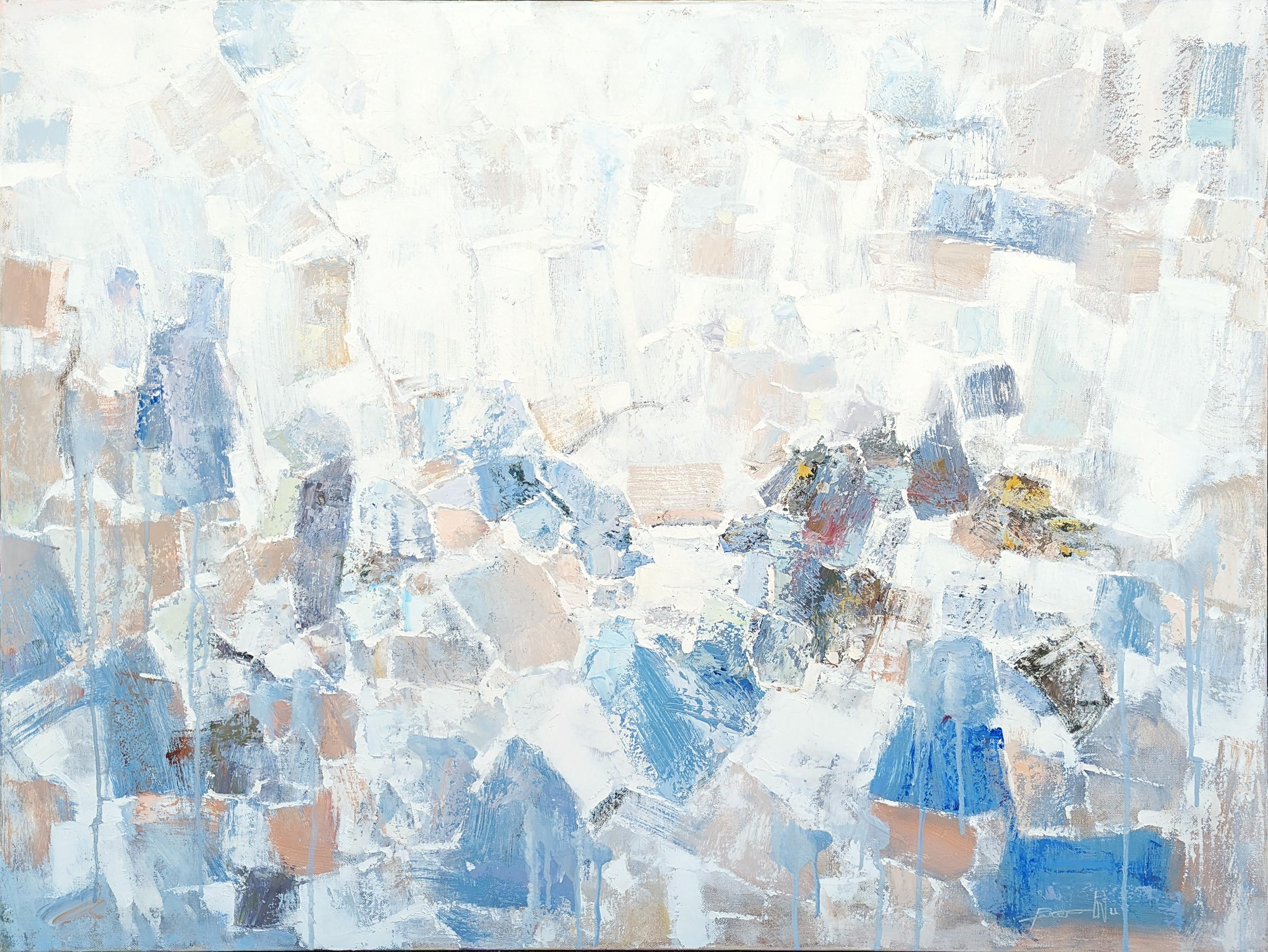 Abstract Painting Peter Wu - « Prayer on the Mount », grande peinture abstraite contemporaine aux tons pastel