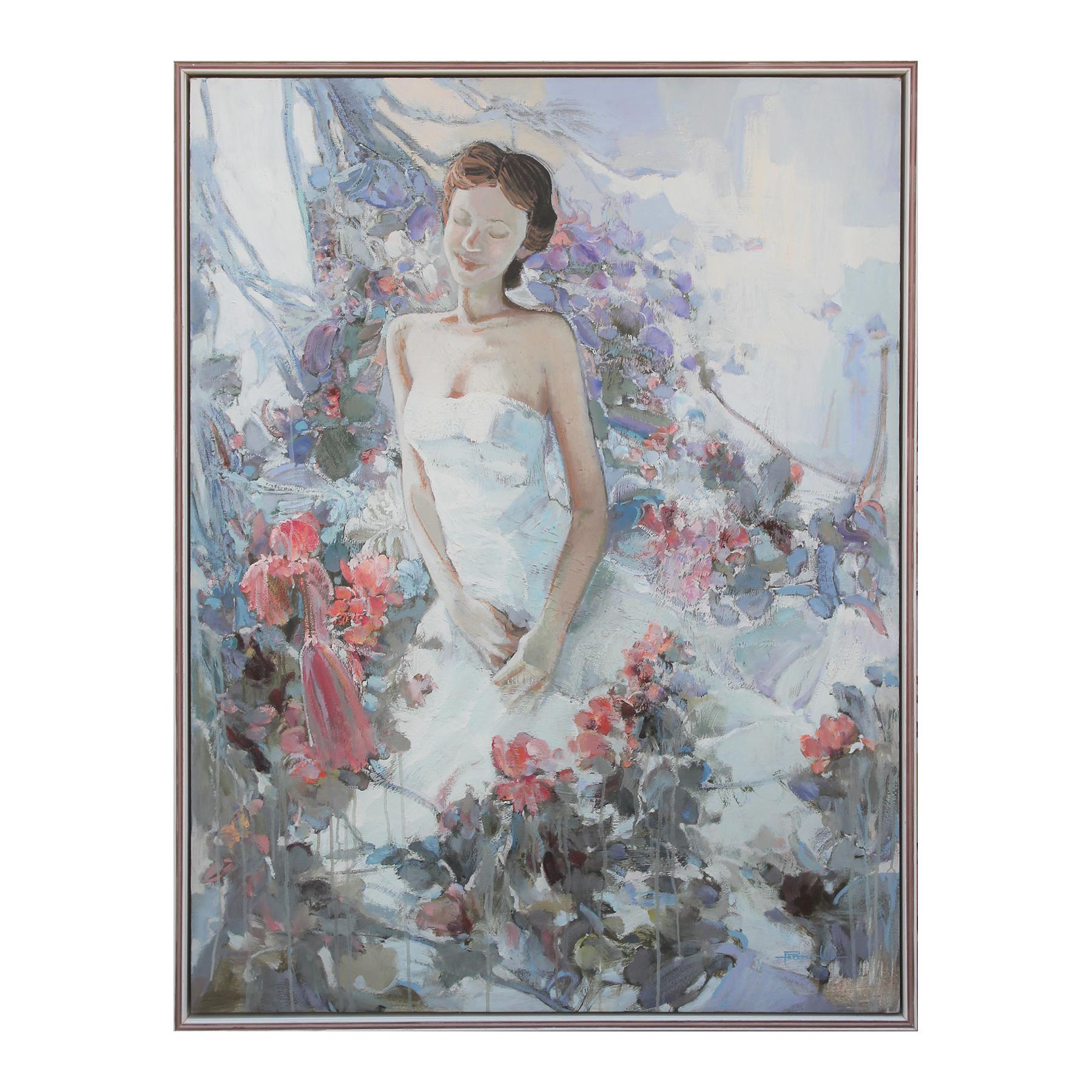 Peter Wu Figurative Painting - “Sweet Quiet” Large Abstract Pastel Floral Portrait of Female in White Dress 