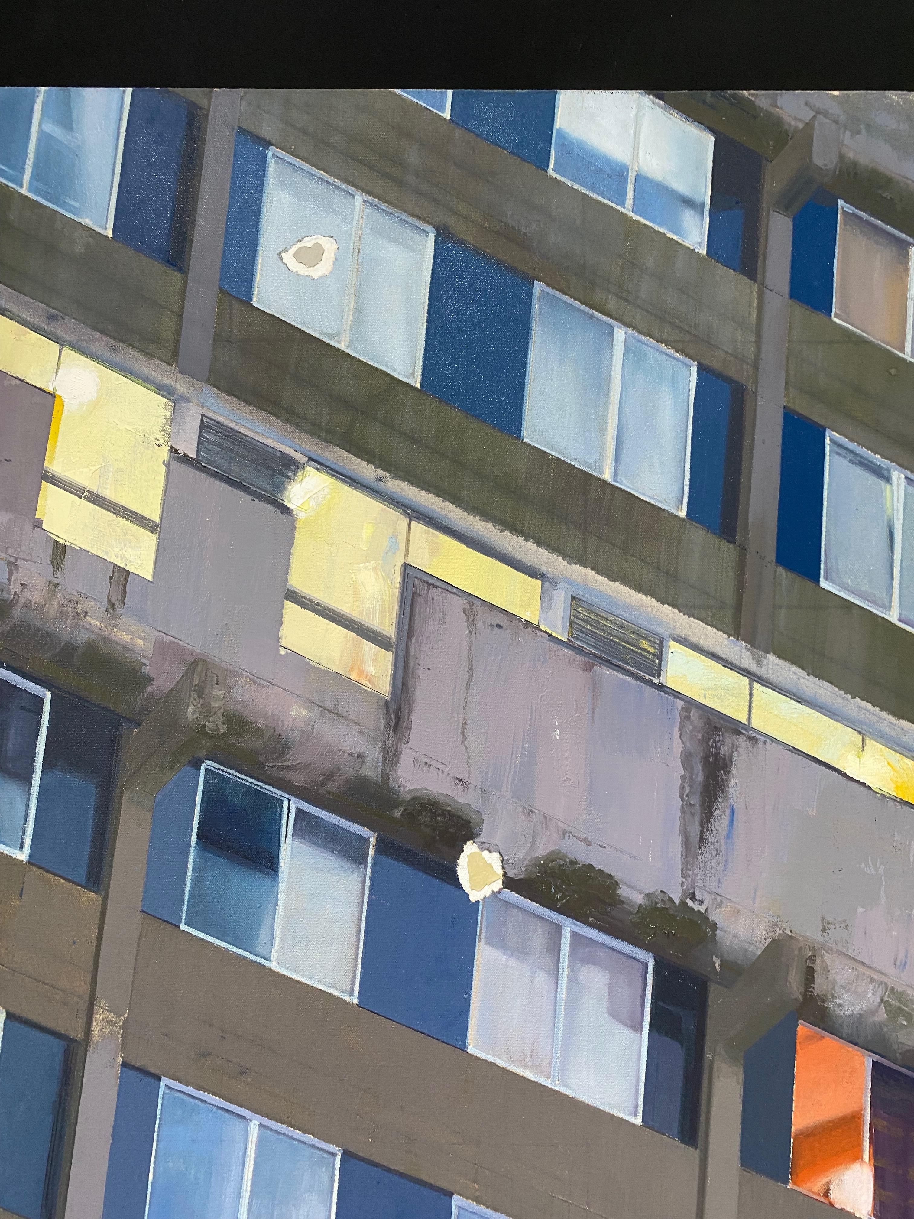GOLDFINGER FOUR (avec la peinture écaillée Le Corbusier de l'atelier d'appartement) - Gris Landscape Painting par Peter Wylie