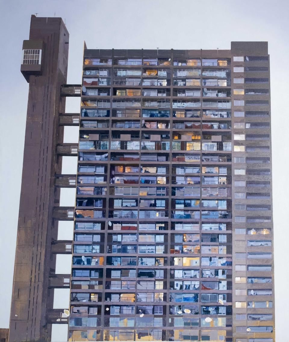 Abstract Painting Peter Wylie - GOLDFINGER SEVEN (avec la peinture écaillée Le Corbusier de l'atelier d'appartement)