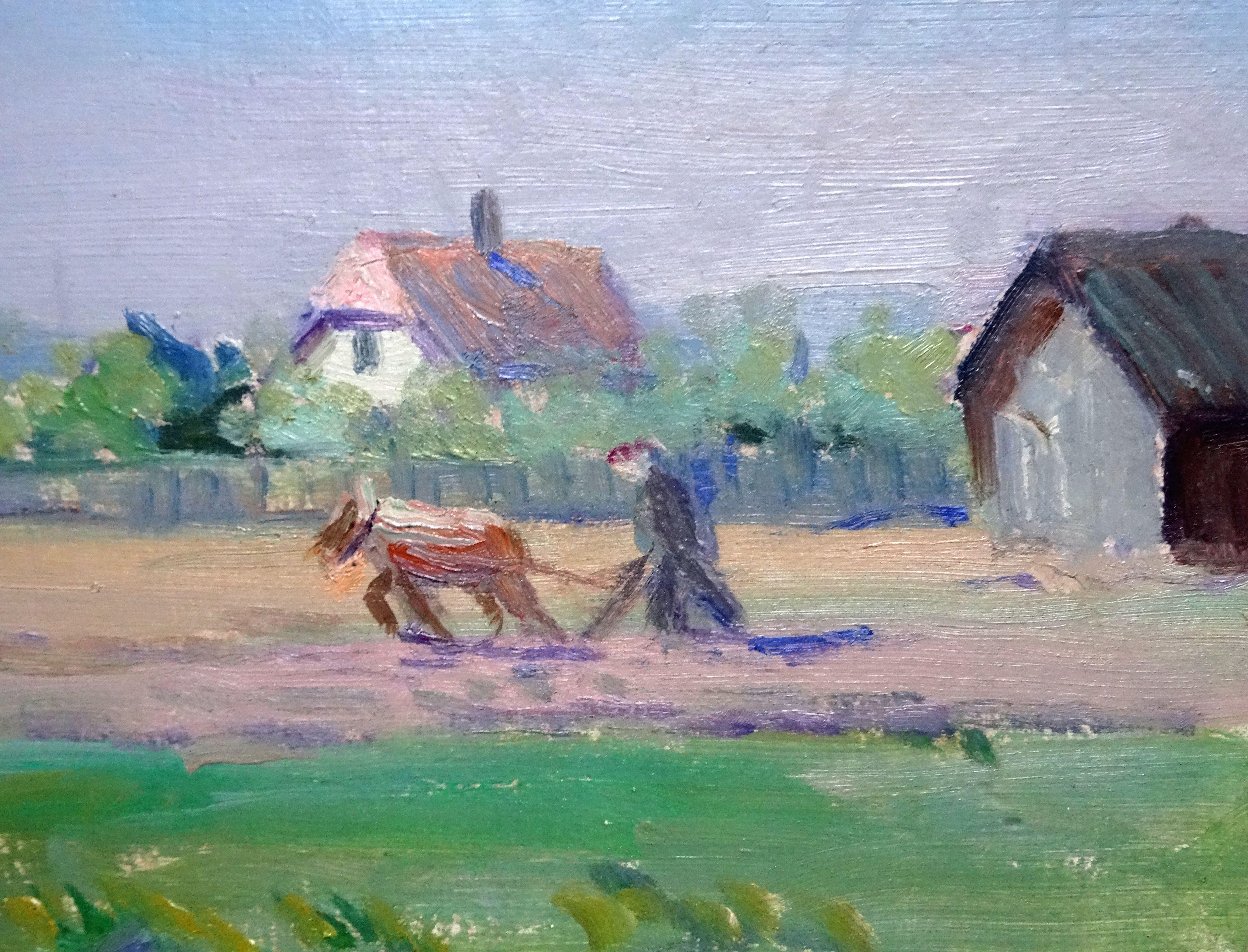 Work in the village. Oil on cardboard, 20x32 cm - Painting by Peteris Rungis 