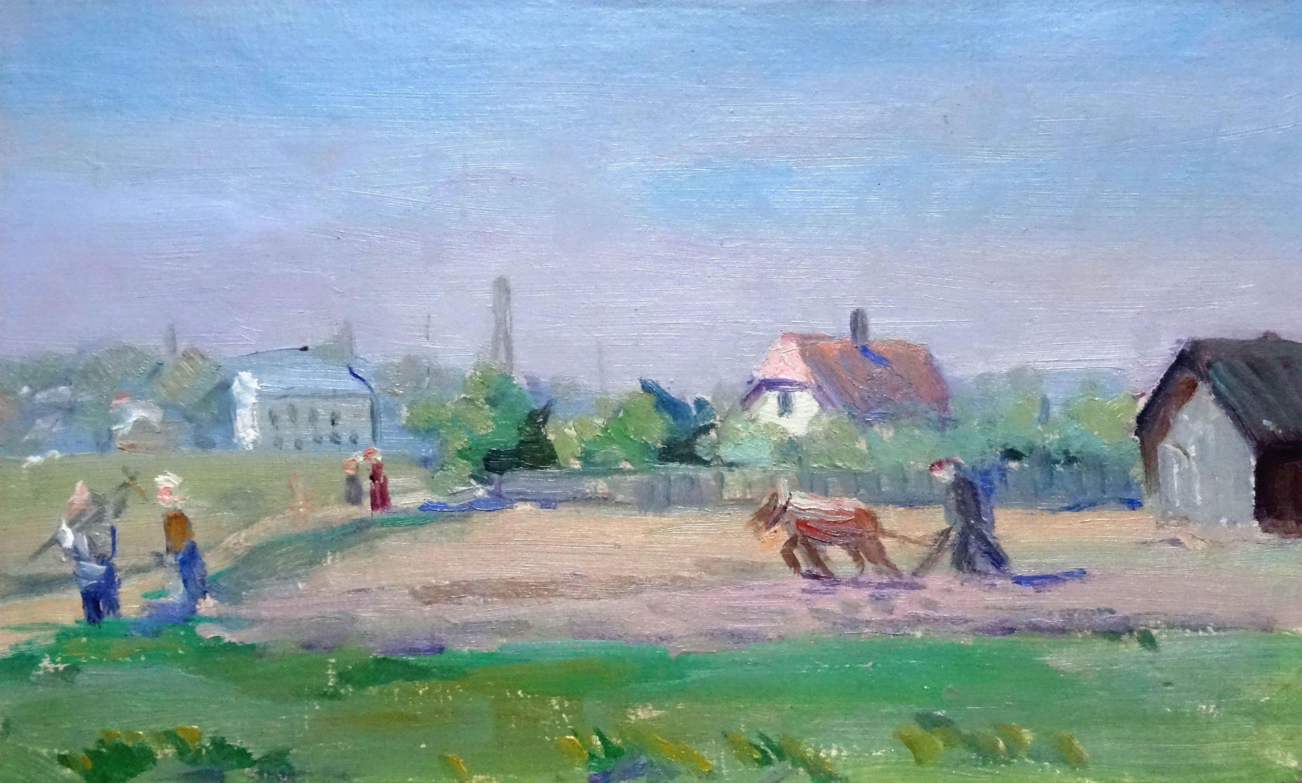 Peteris Rungis  Landscape Painting – Arbeit auf dem Dorf. Ölgemälde auf Karton, 20x32 cm