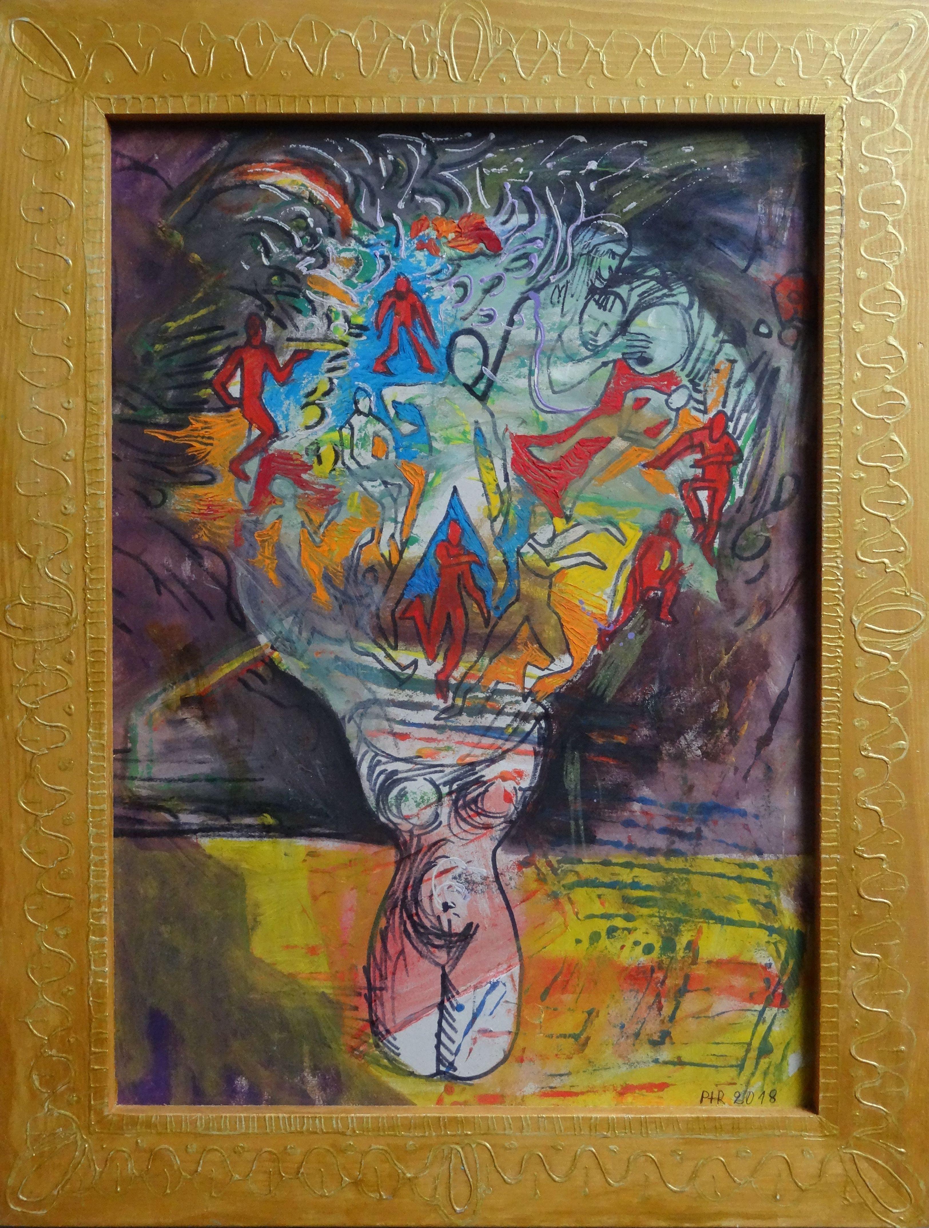 Flowers in vase. 2018. Oil, mixed media on cardboard, 56, 5x41 cm - Painting by Peteris Taukulis