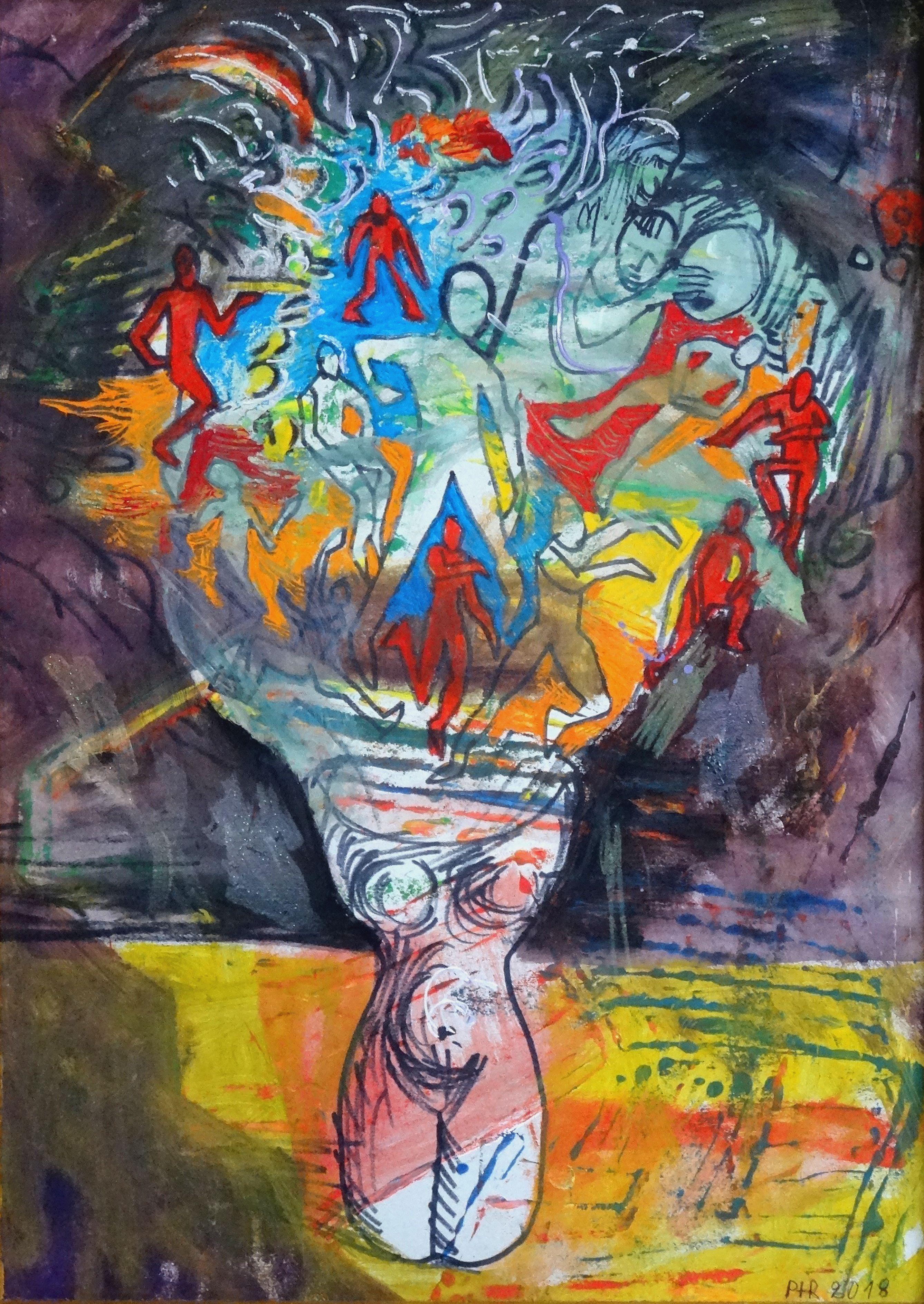 Flowers in vase. 2018. Oil, mixed media on cardboard, 56, 5x41 cm - Abstract Expressionist Painting by Peteris Taukulis