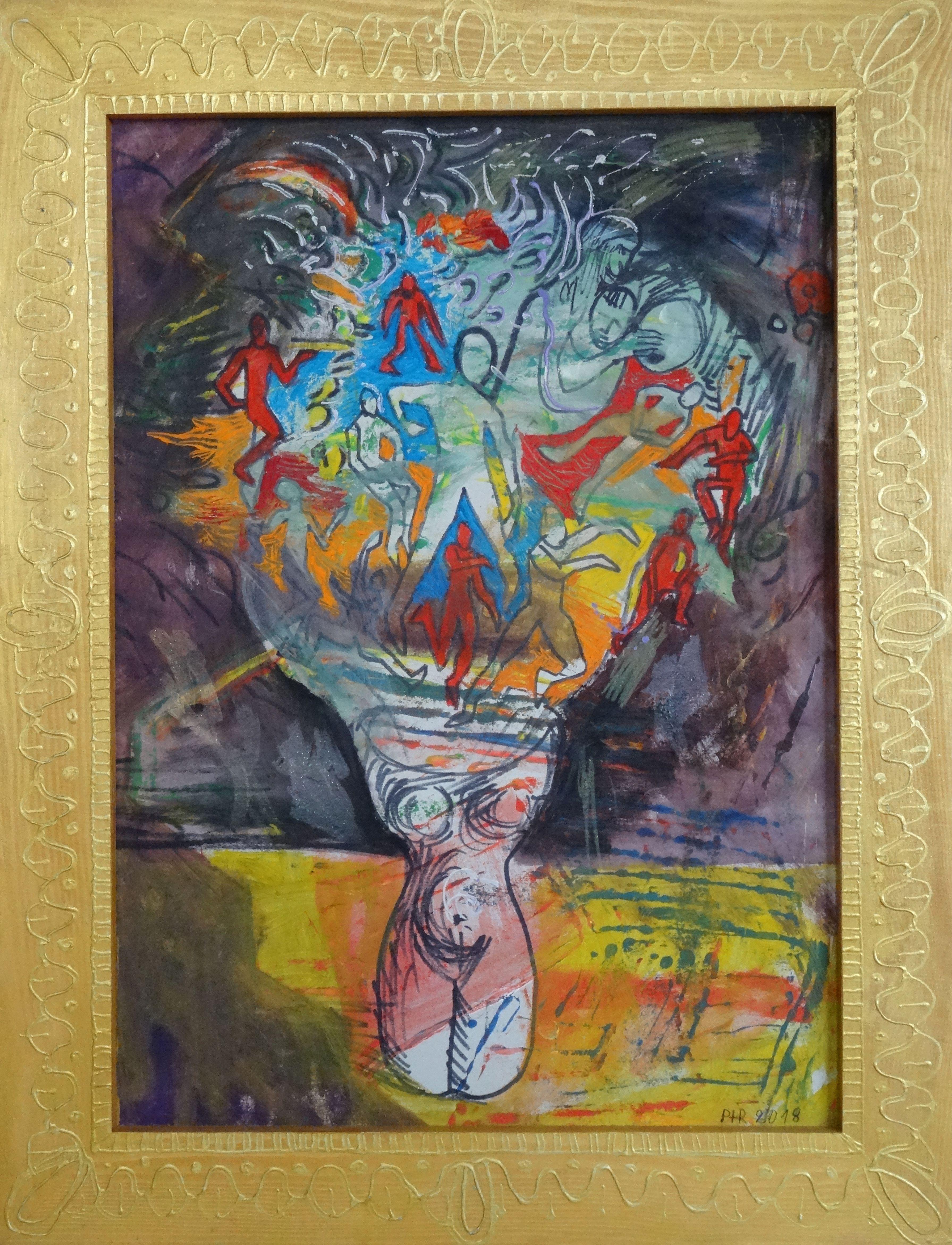 Peteris Taukulis Figurative Painting - Flowers in vase. 2018. Oil, mixed media on cardboard, 56, 5x41 cm