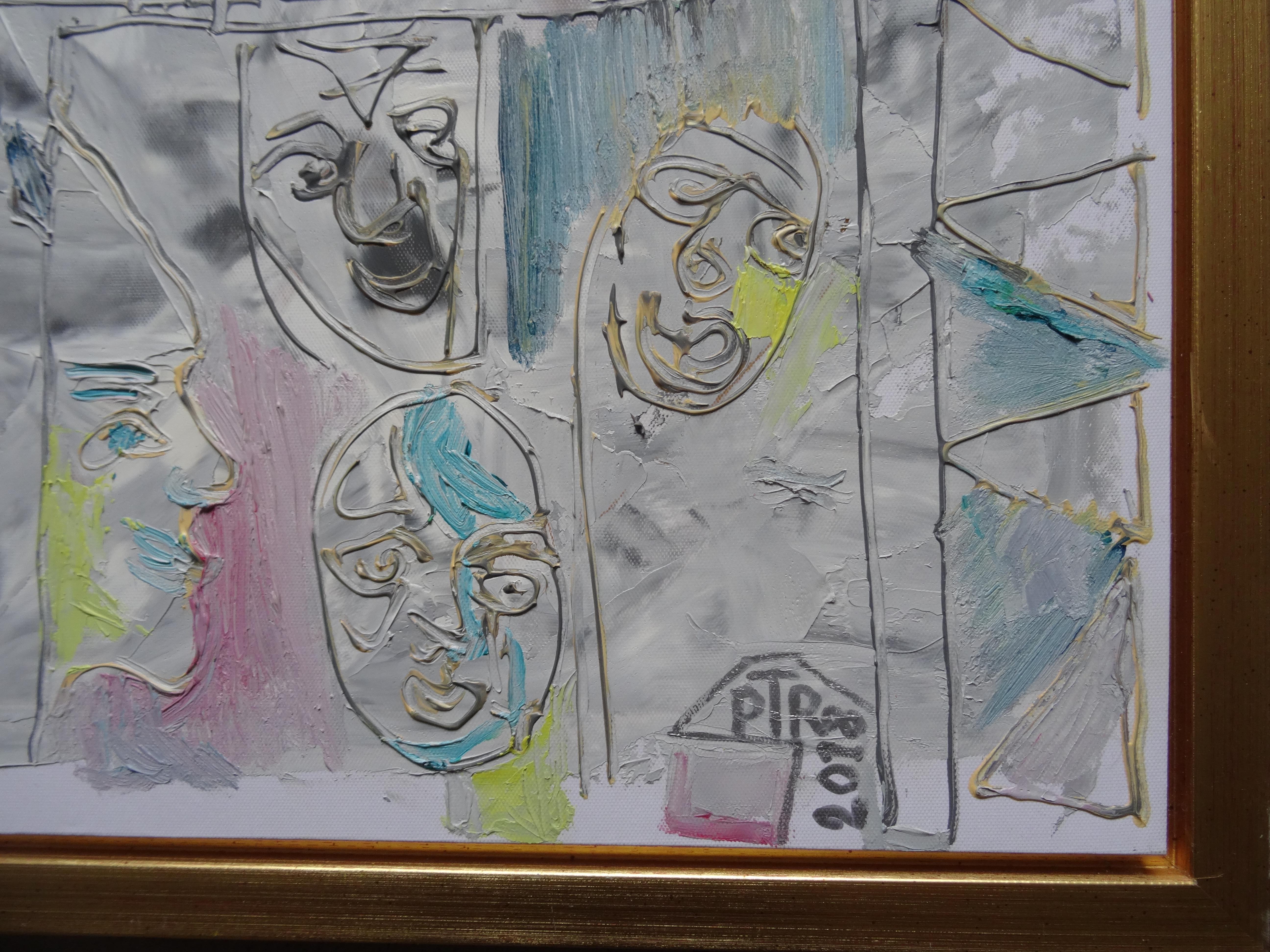 Masks. 2018. Oil on canvas, 55x55 cm - Painting by Peteris Taukulis