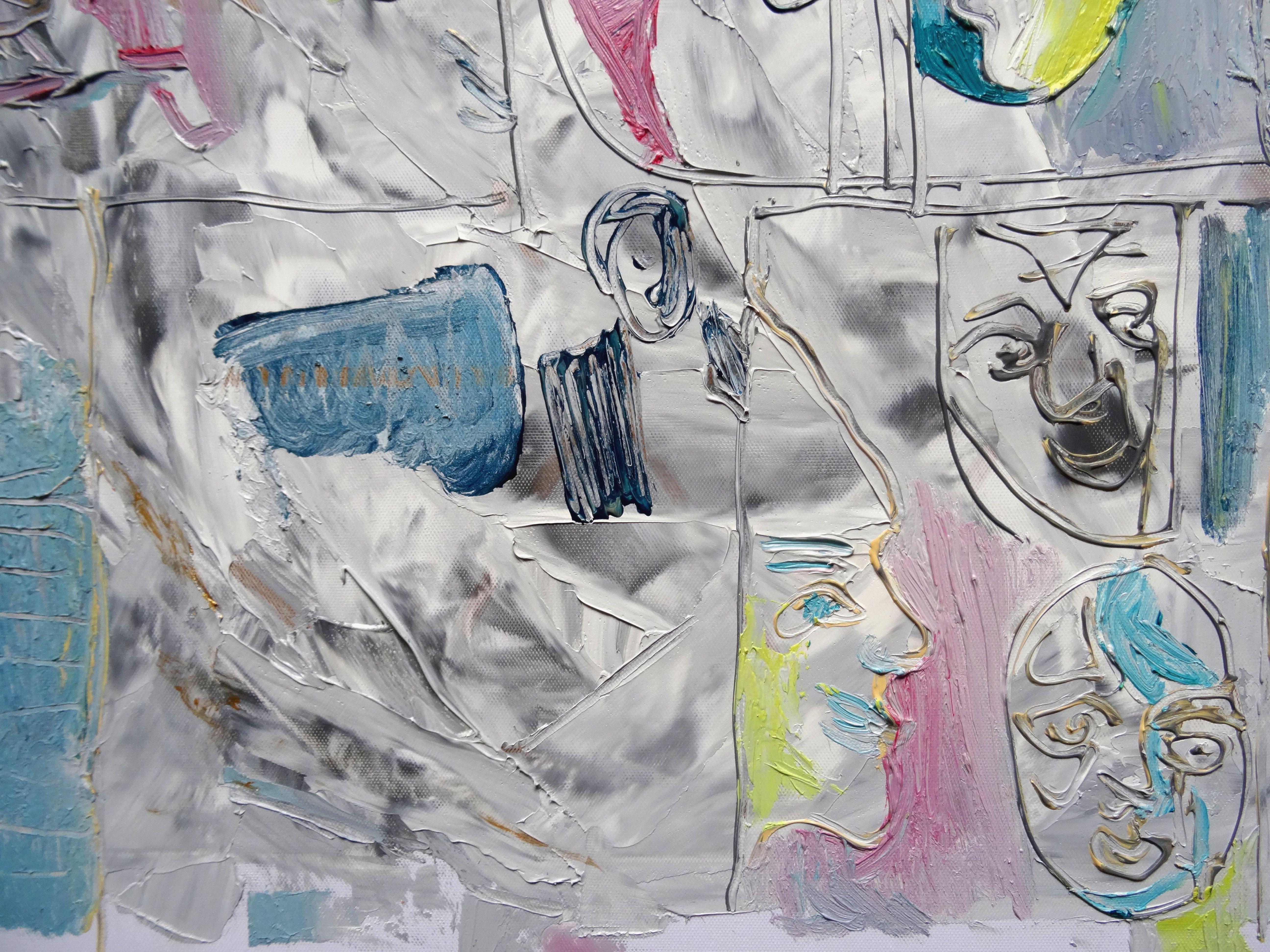 Masks. 2018. Oil on canvas, 55x55 cm - Abstract Expressionist Painting by Peteris Taukulis