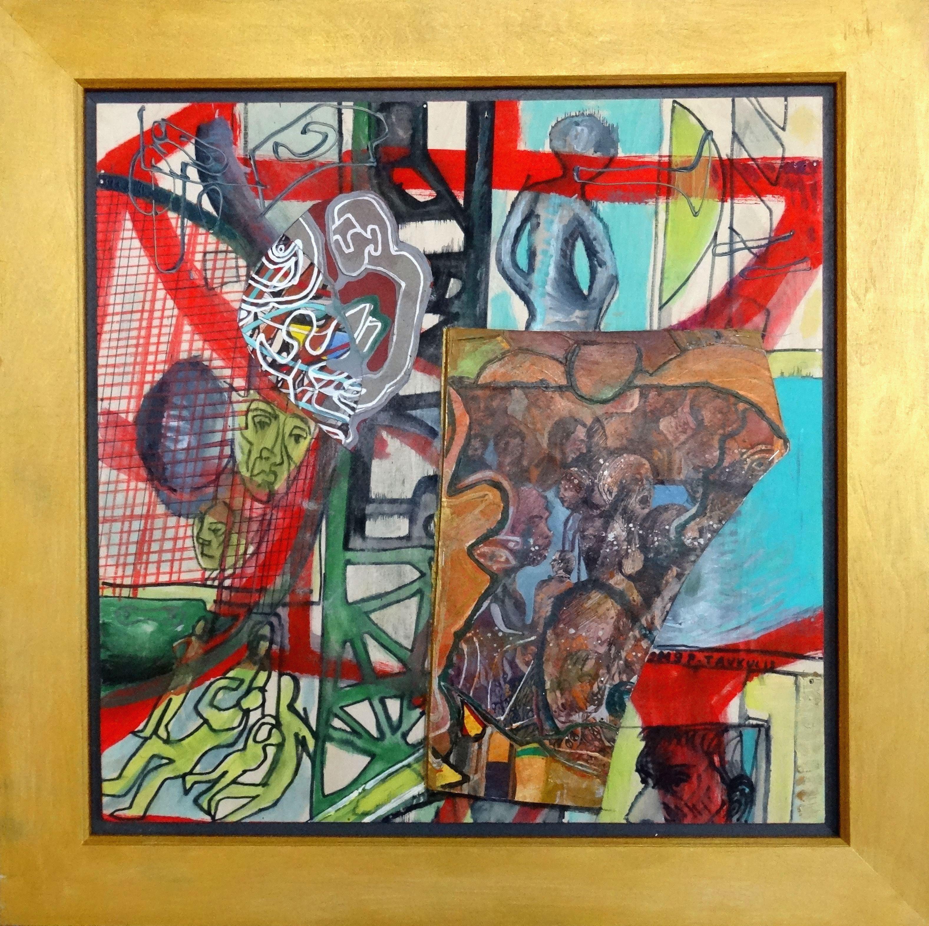 Working day. 2019. Plywood, mixed media, 47x47 cm - Painting by Peteris Taukulis