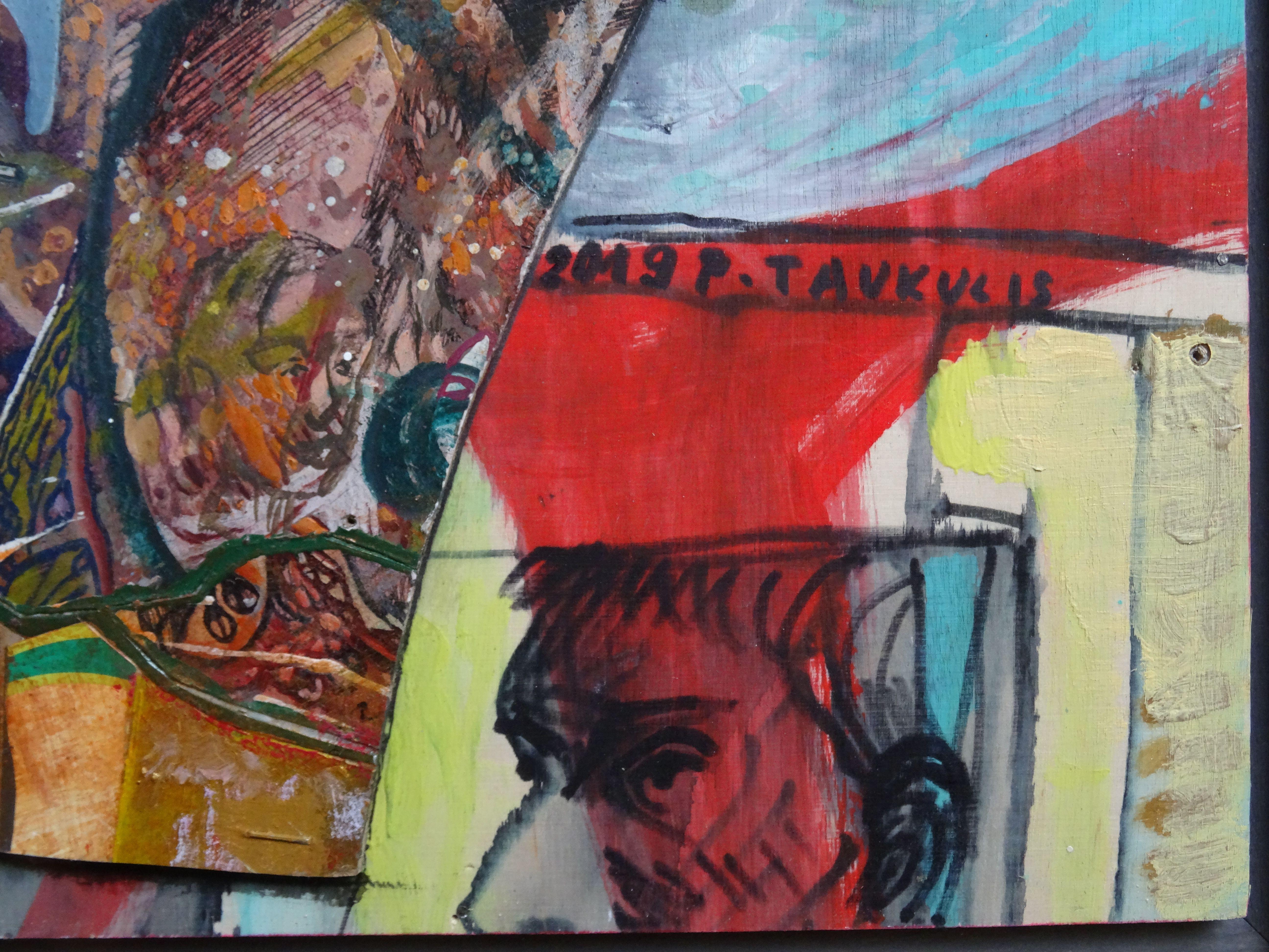 Working day. 2019. Plywood, mixed media, 47x47 cm - Abstract Expressionist Painting by Peteris Taukulis