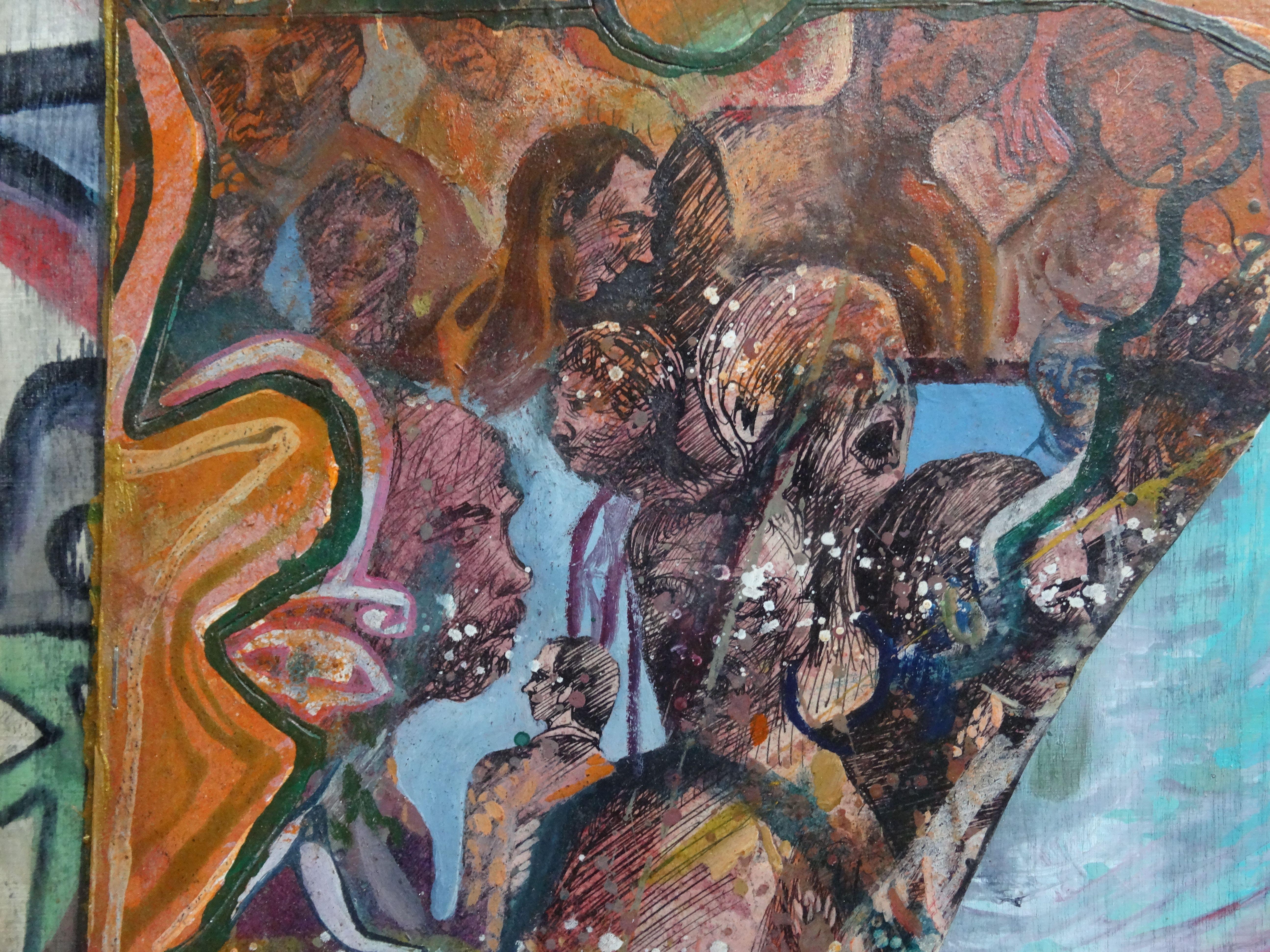 Working day. 2019. Plywood, mixed media, 47x47 cm - Brown Abstract Painting by Peteris Taukulis