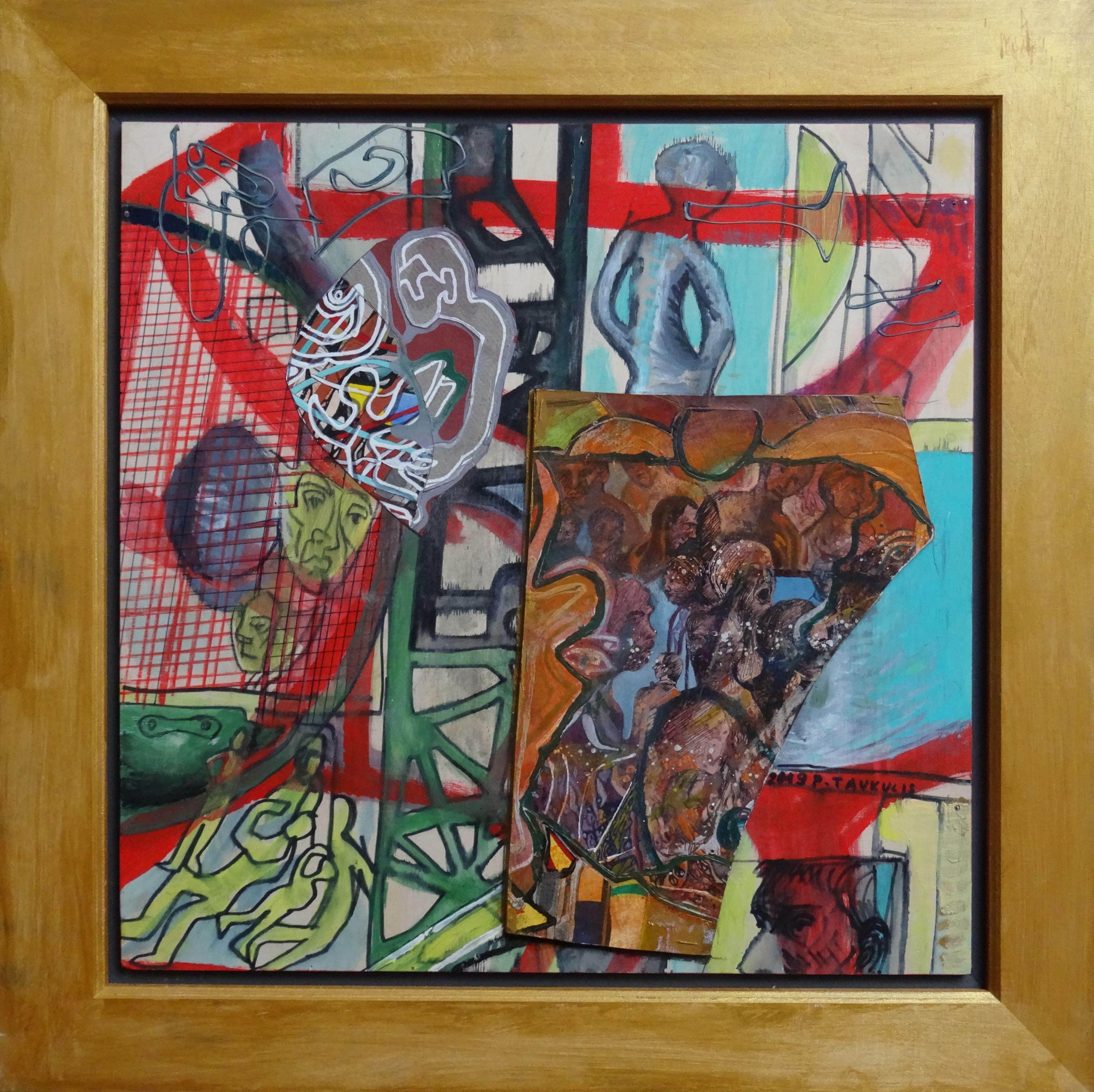 Peteris Taukulis Abstract Painting - Working day. 2019. Plywood, mixed media, 47x47 cm