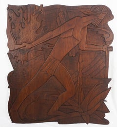 Grand relief en acajou représentant Prométhée, le dieu du feu dans le style de Peterpaul Ott