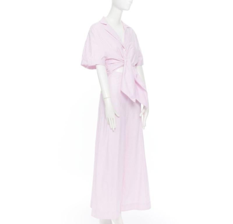 Gray PETERSYN Belle pink white striped cotton tie front wide leg jumpsuit XS For Sale
