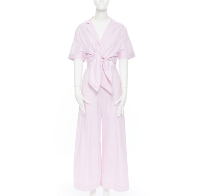 Women's PETERSYN Belle pink white striped cotton tie front wide leg jumpsuit XS For Sale