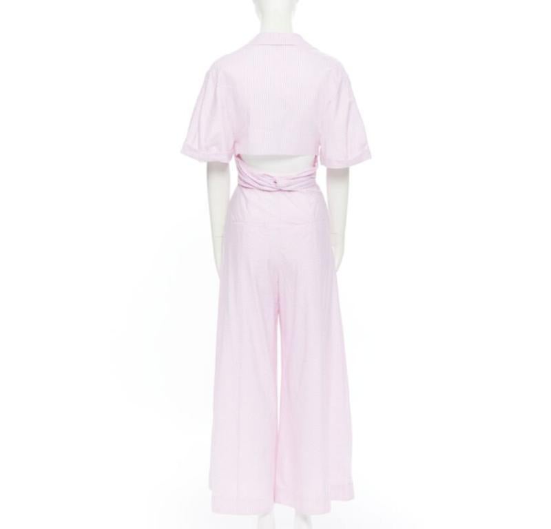PETERSYN Belle pink white striped cotton tie front wide leg jumpsuit XS For Sale 1