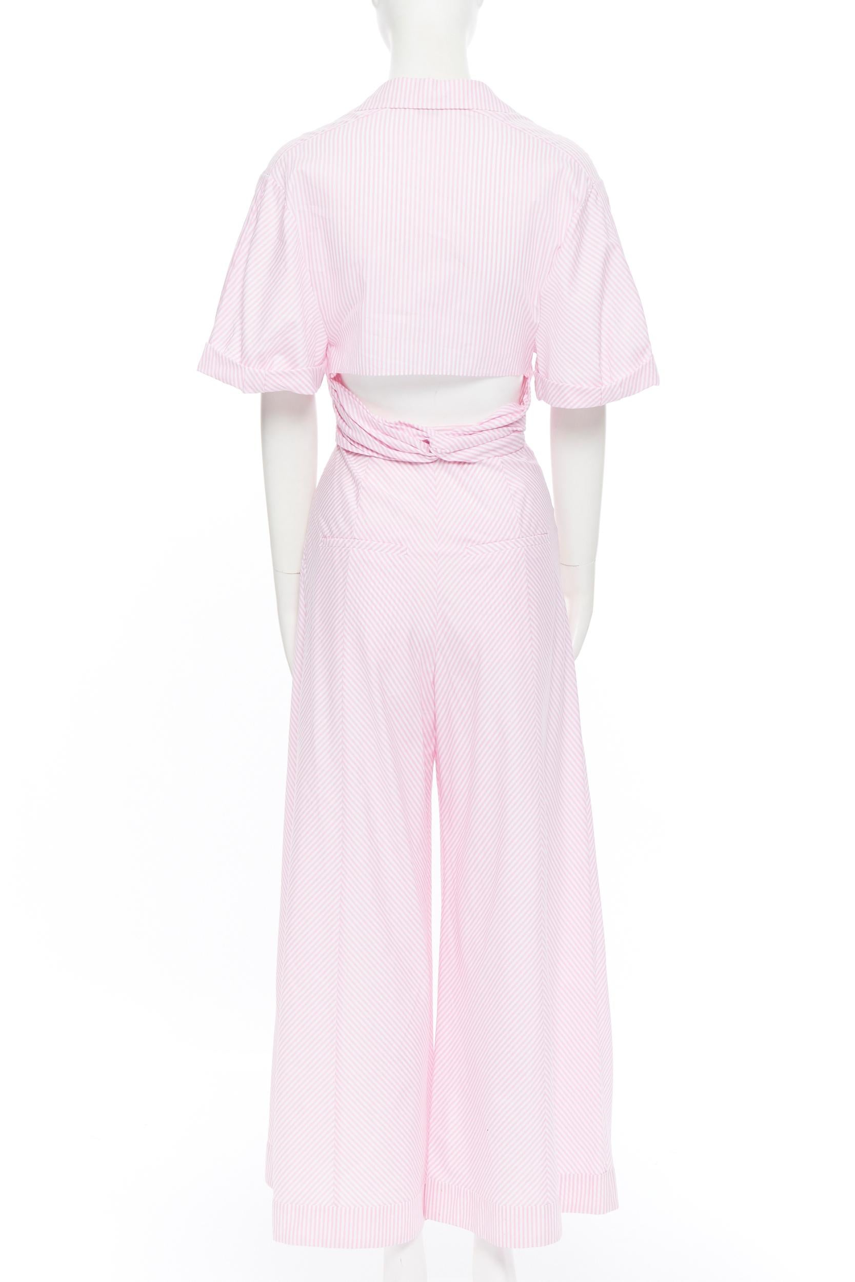 PETERSYN Belle pink white striped cotton tie front wide leg jumpsuit XS In Good Condition For Sale In Hong Kong, NT