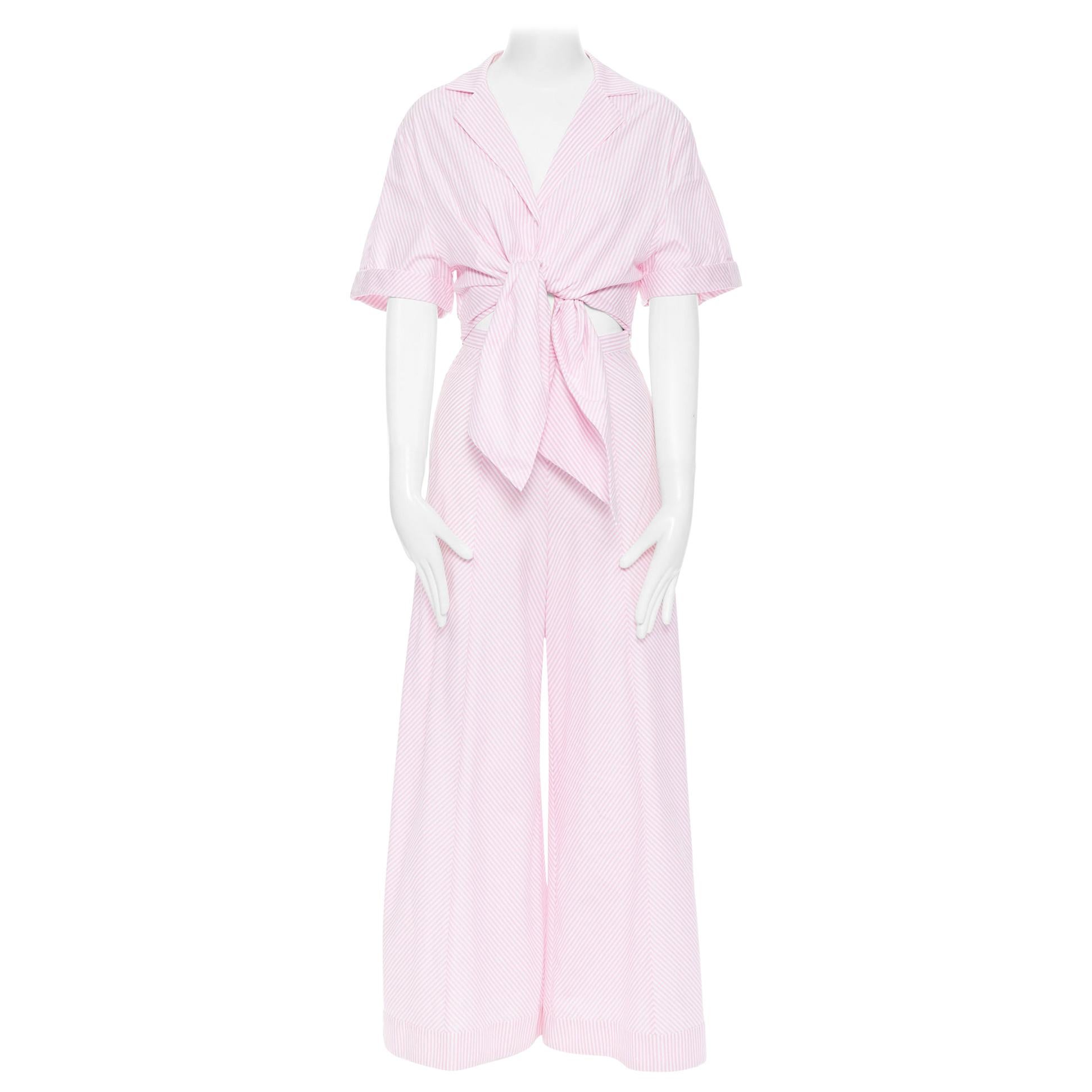PETERSYN Belle pink white striped cotton tie front wide leg jumpsuit XS For Sale