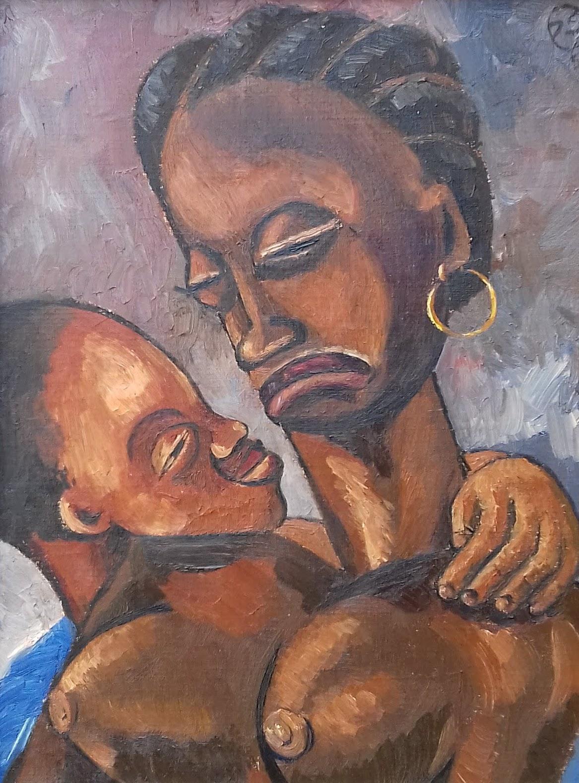 Peinture à l'huile d'une mère et d'un enfant haïtienne, style Picasso, datant du début de l'ère moderniste  - Painting de Petion Savain 