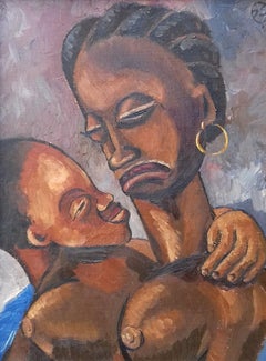 Early Haitian Picasso-like Modernist Mother and Child oil painting Haiti