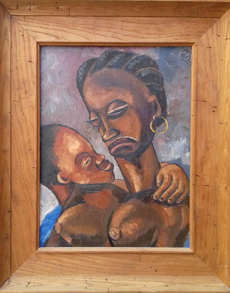 Petion Savain  Figurative Painting - Early Haitian Picasso-like Modernist Mother and Child oil painting Haiti 