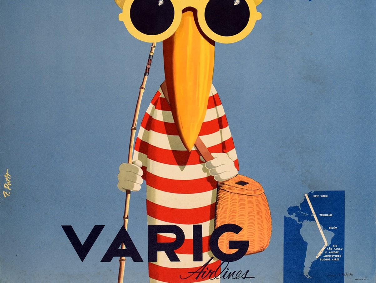 Original Vintage Poster Brasilien Rio Varig Super G Konstellation Luxusflugzeug Reisen (Blau), Print, von Petit