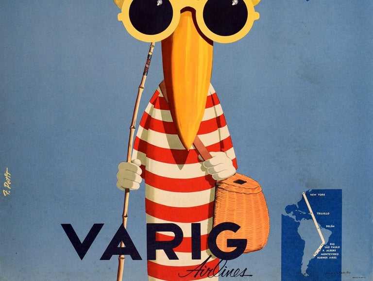 Original Vintage Poster Brazil Rio Varig Super G Constellation Luxury Air Travel - Blue Print by Petit