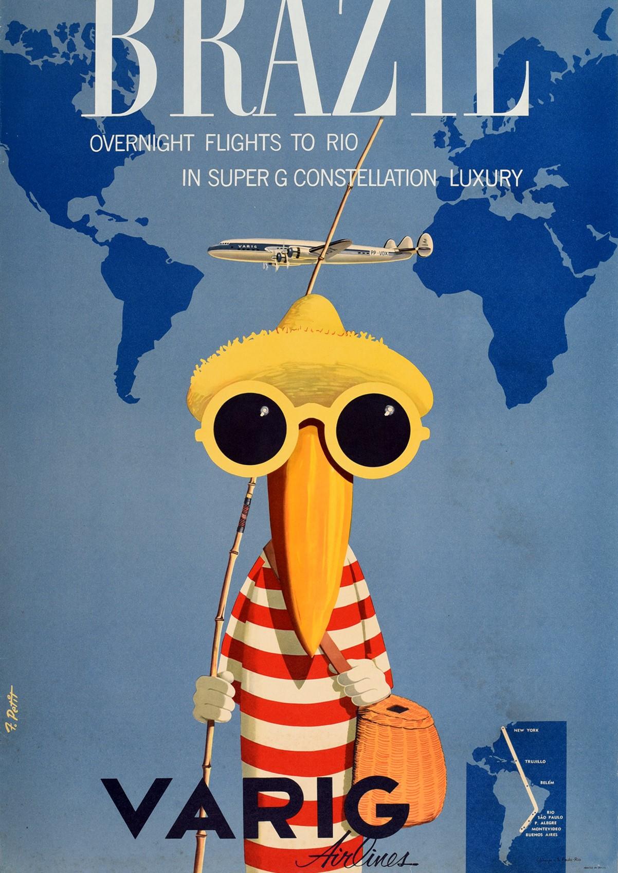 Original Vintage-Reiseplakat, das für Brasilienübernachtungsflüge nach Rio in Super G Constellation Luxury von Varig Airlines wirbt. Es zeigt ein lustiges Design mit einem Vogel, der ein rot-weiß gestreiftes Oberteil, einen Strohsonnenhut und eine