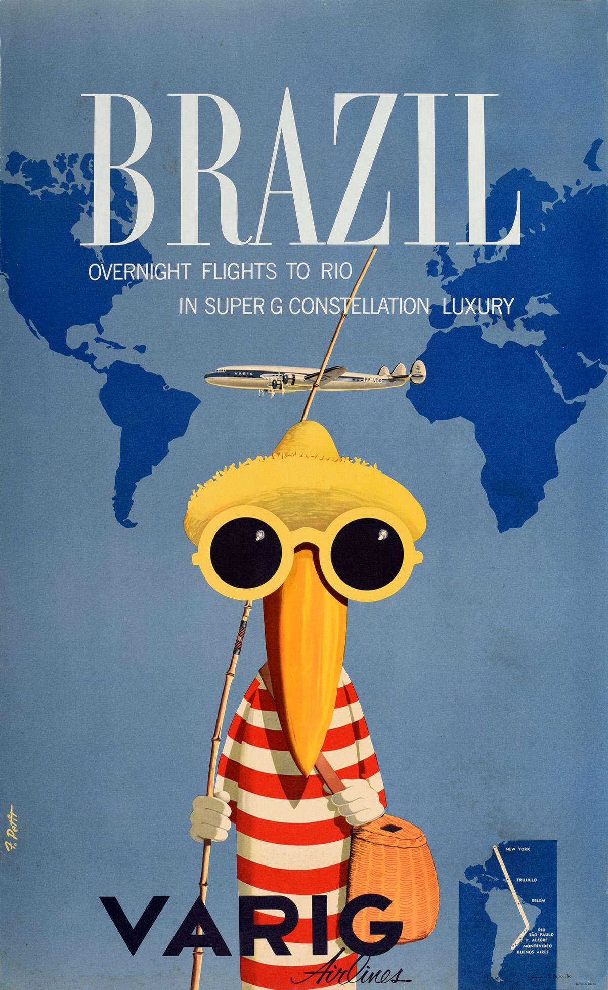 Petit Print – Original Vintage Poster Brasilien Rio Varig Super G Konstellation Luxusflugzeug Reisen