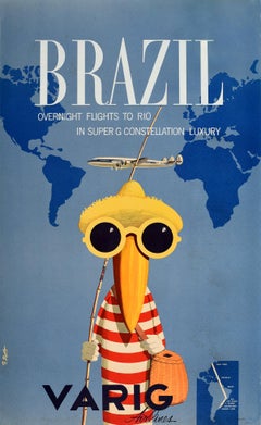 Original Vintage Poster Brazil Rio Varig Super G Constellation Luxury Air Travel