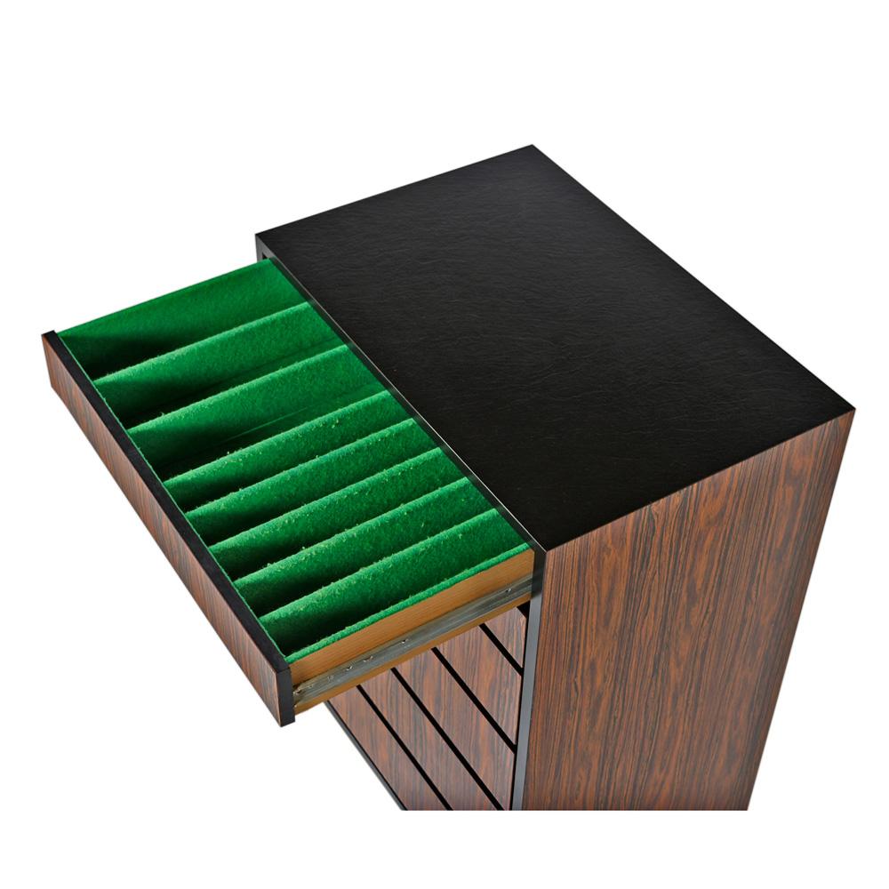 The top two drawers of this rosewood laminate highboy dresser have fully lined green felt interiors. The very top drawer also has (7) fully wrapped green felt dividers which add a very unique accent to an already very unique piece of unmarked