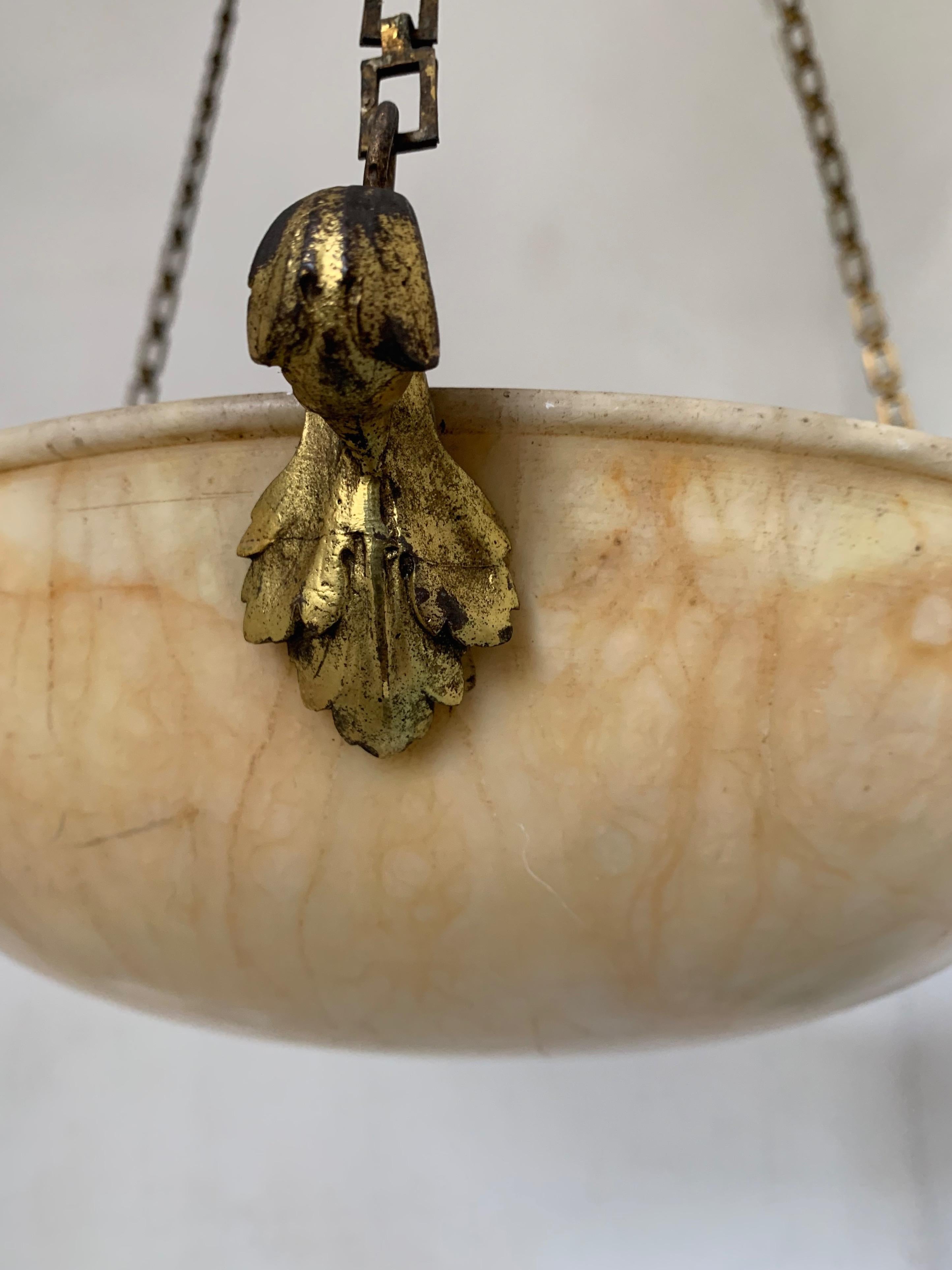 Petit Amber Color Antique Alabaster Pendant Light Chandelier with Bronze Hanging 7