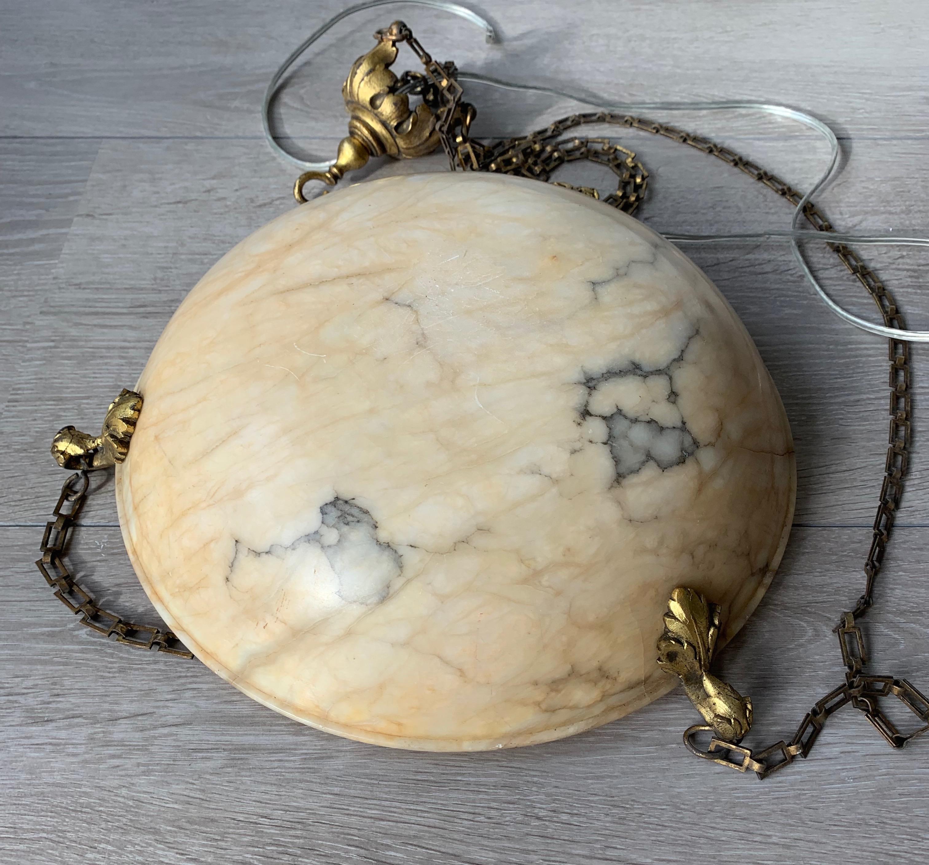Petit Amber Color Antique Alabaster Pendant Light Chandelier with Bronze Hanging 11