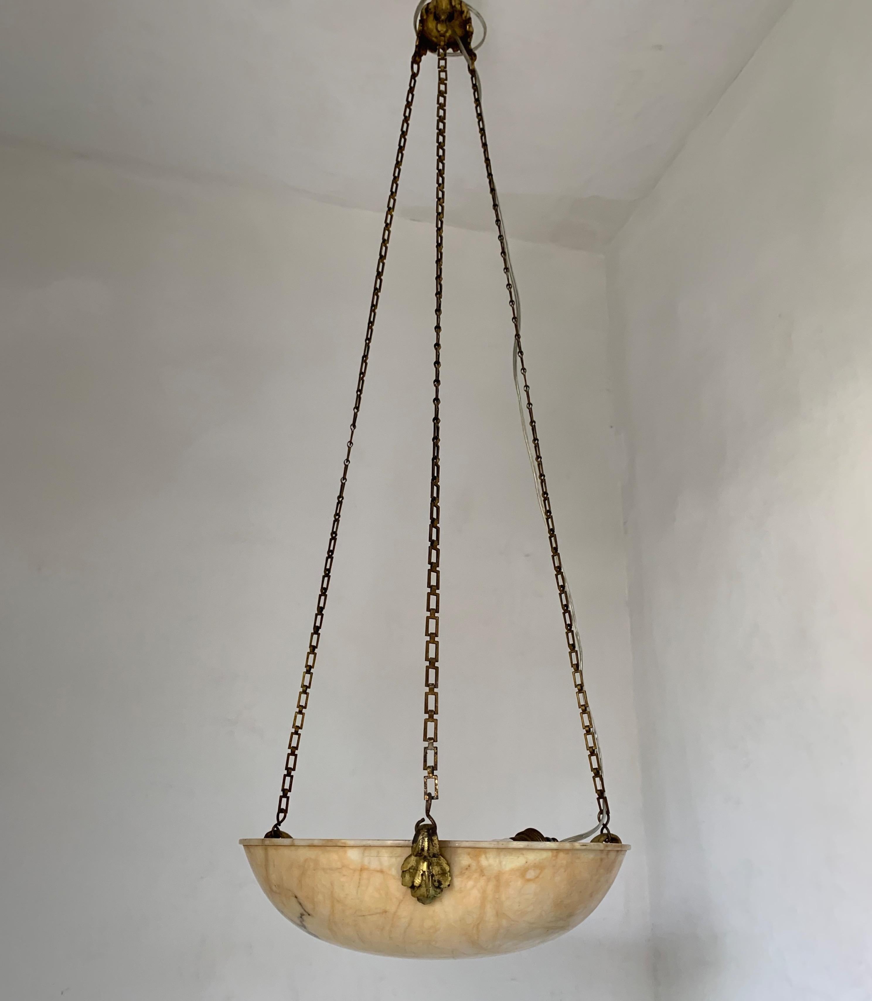 Neoclassical Revival Petit Amber Color Antique Alabaster Pendant Light Chandelier with Bronze Hanging