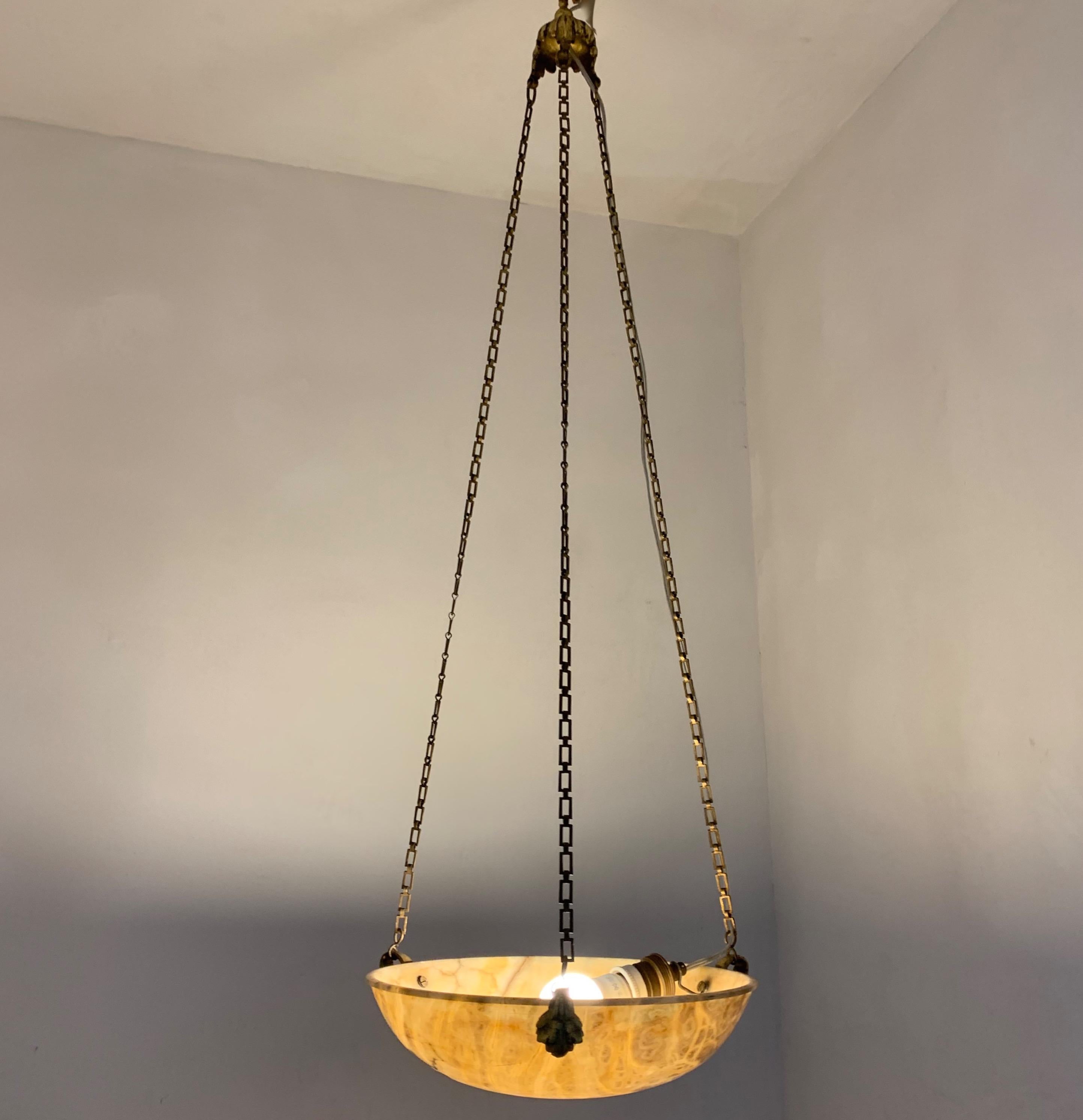 Petit Amber Color Antique Alabaster Pendant Light Chandelier with Bronze Hanging In Good Condition In Lisse, NL