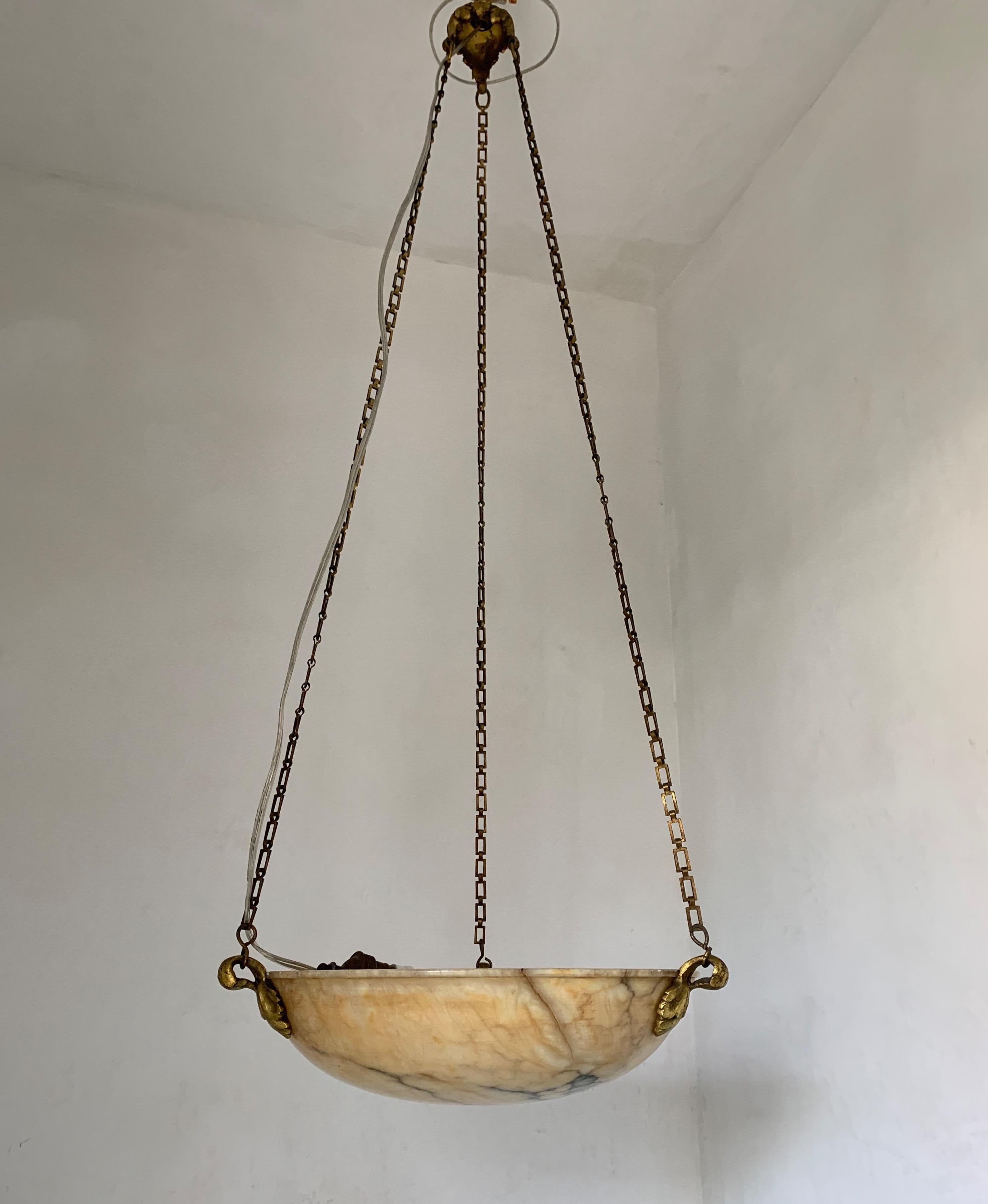 20th Century Petit Amber Color Antique Alabaster Pendant Light Chandelier with Bronze Hanging