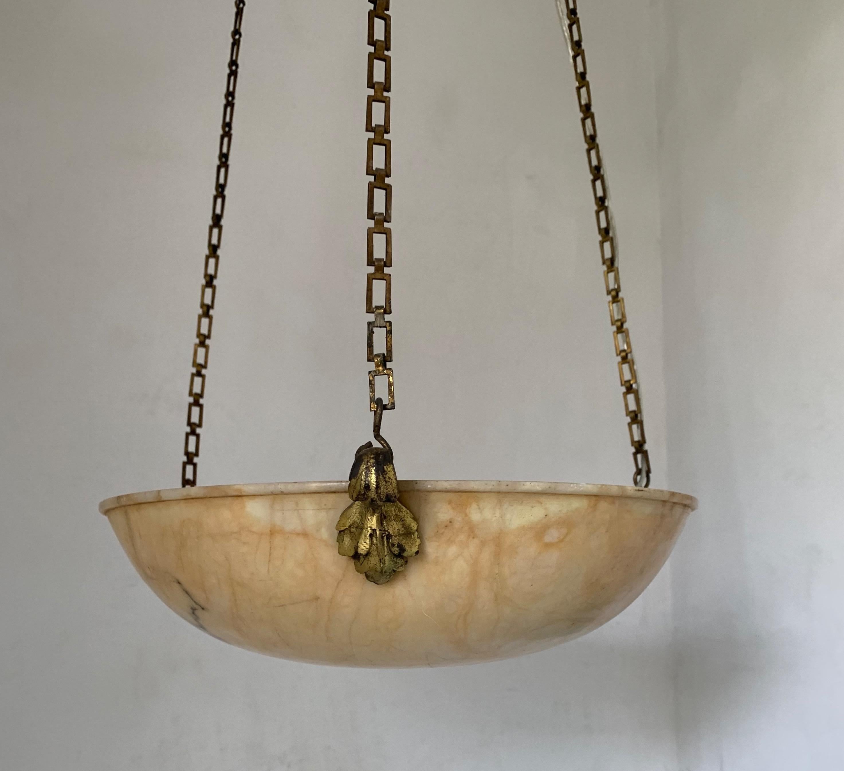 Brass Petit Amber Color Antique Alabaster Pendant Light Chandelier with Bronze Hanging