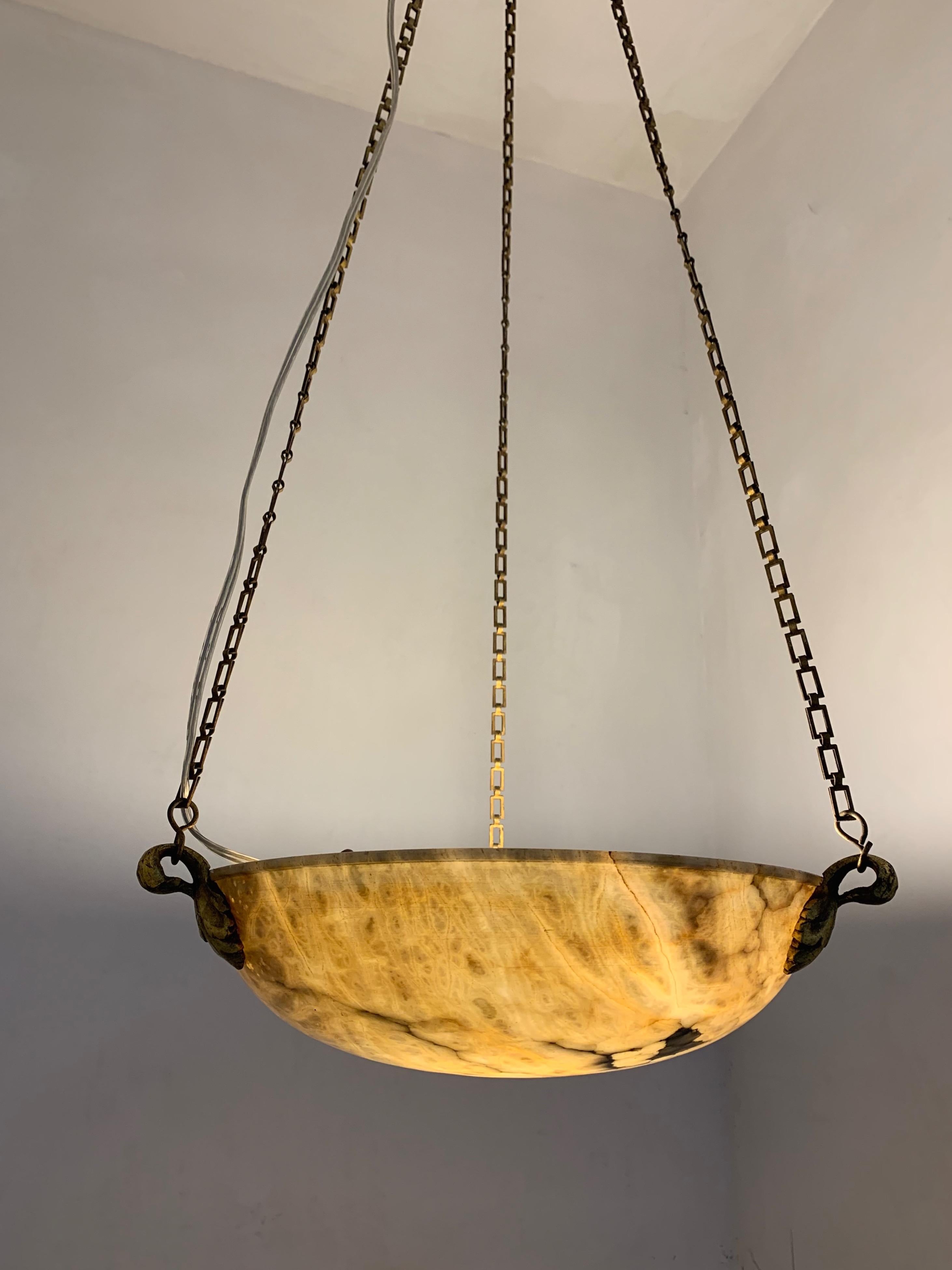 Petit Amber Color Antique Alabaster Pendant Light Chandelier with Bronze Hanging 1