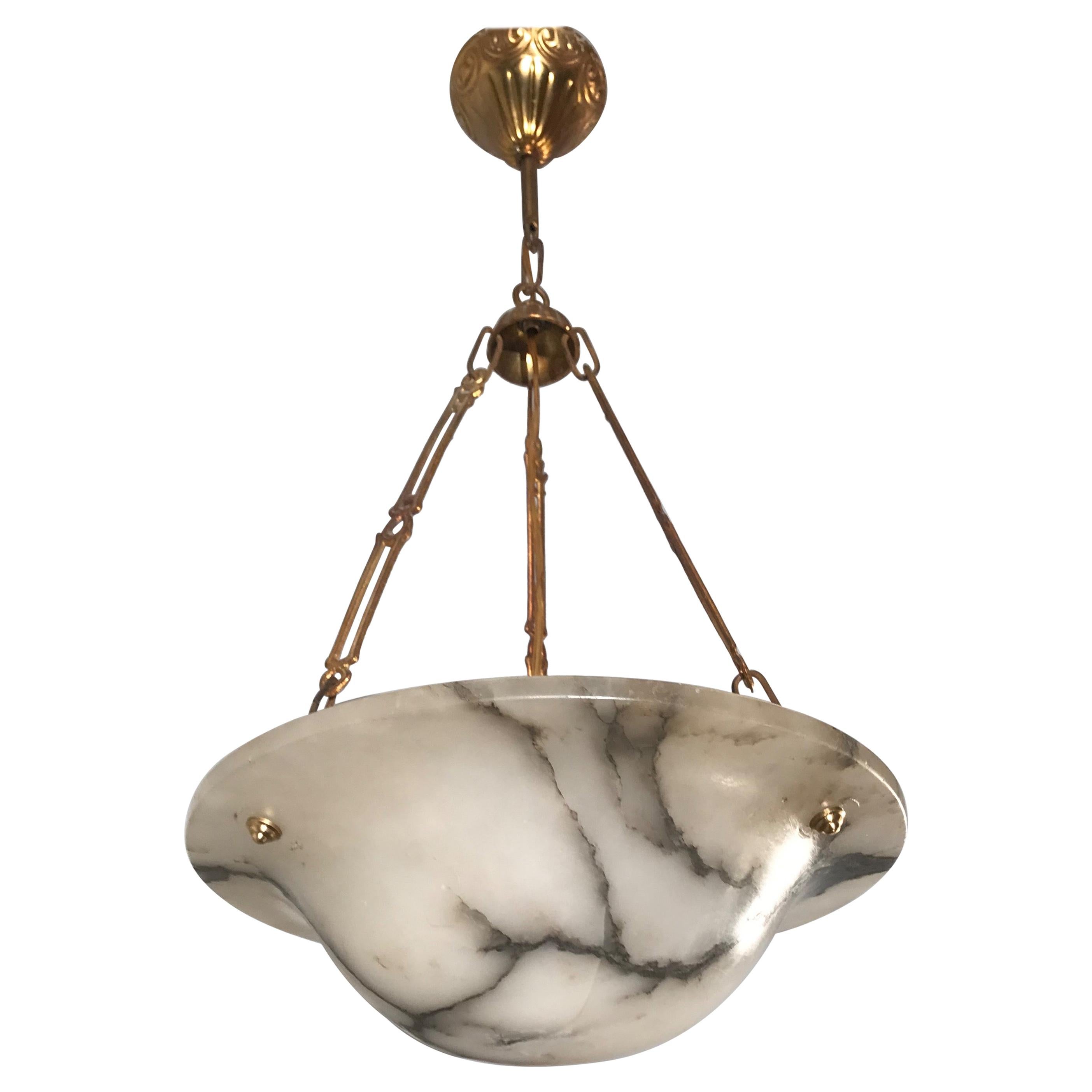 Small Art Deco Alabaster Pendant Light with White & Black Veins & Stunning Chain